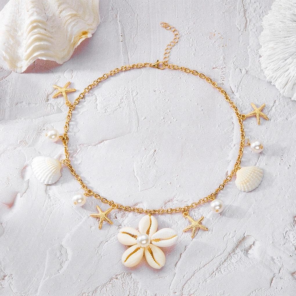 Gold Starfish Seashell Flower Charms Necklace for Women, Boho Adjustable Pearl Chain Choker Necklace Vintage Beachy Statement Jewelry Vacation Gifts (White)