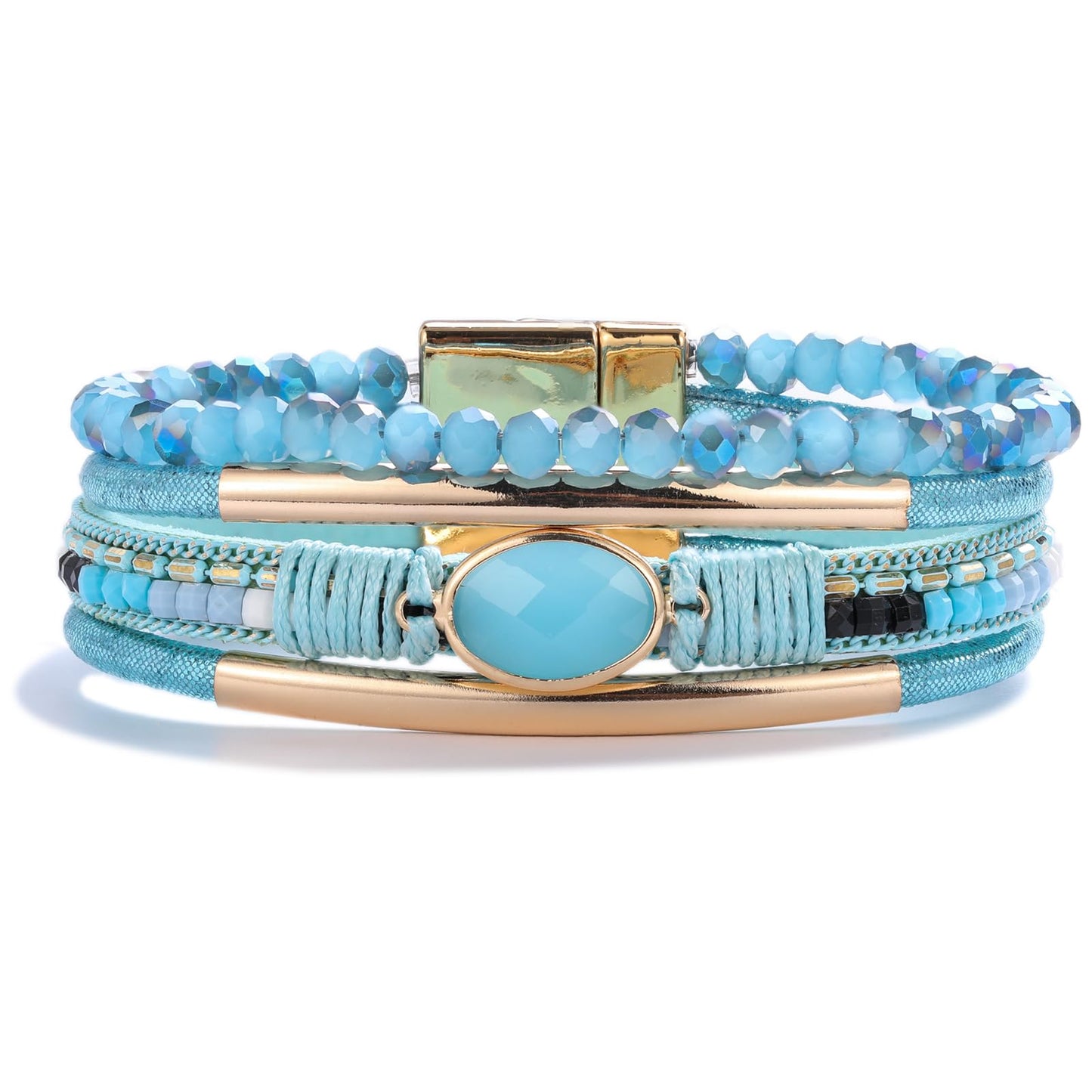 FANCY SHINY Leather Wrap Bracelets Crystal Beads Bracelet Boho Cuff Stone Charm Bracelets with Clasp Costume Jewelry for Women(Teal)