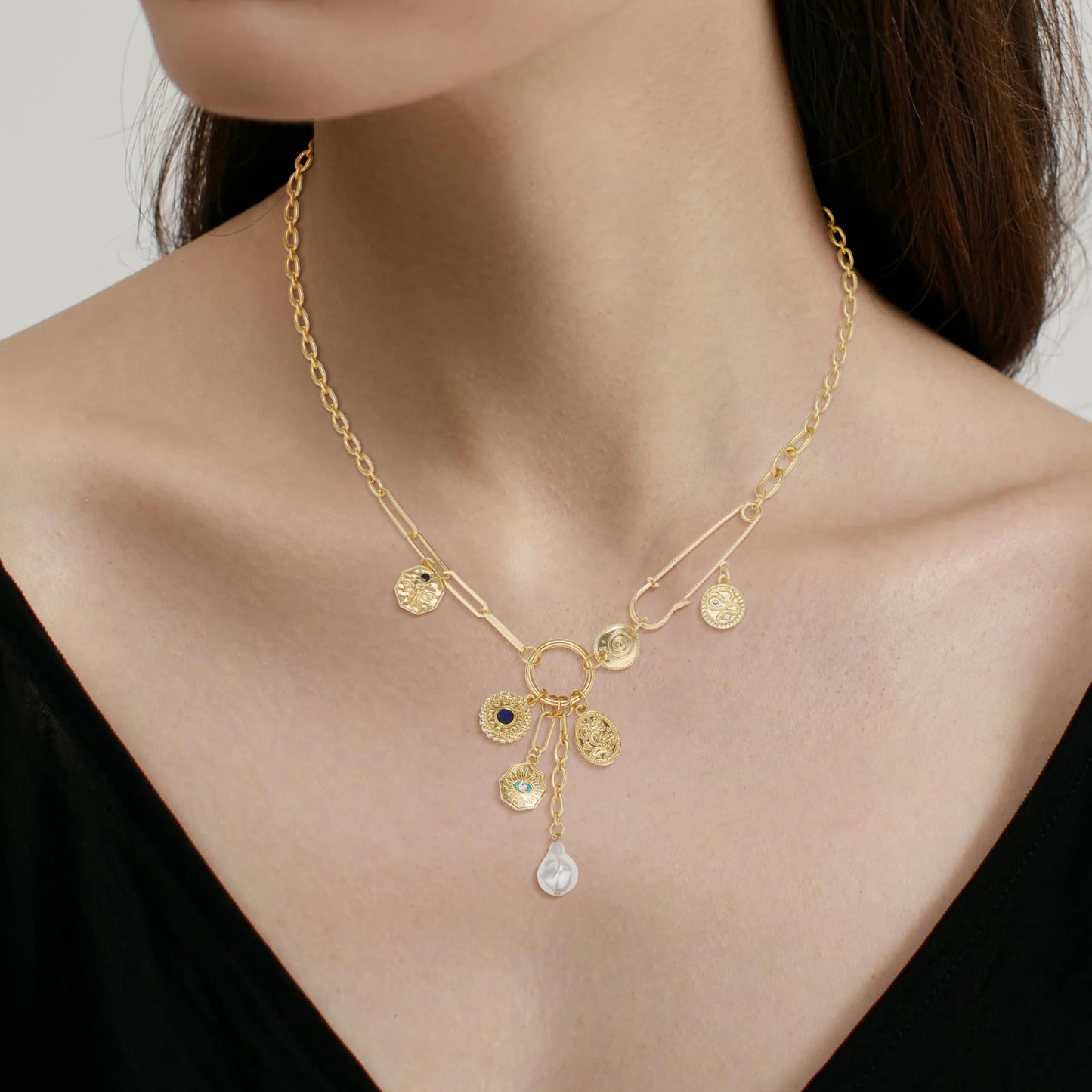 BONJOULRY Charm Necklace for Women Gold Evil Eye Pearl Blue Beads Coin Pendant Necklace Dainty Paperclip Chain Vintage Luck Amulet Choker Necklaces Celestial Jewelry Gift