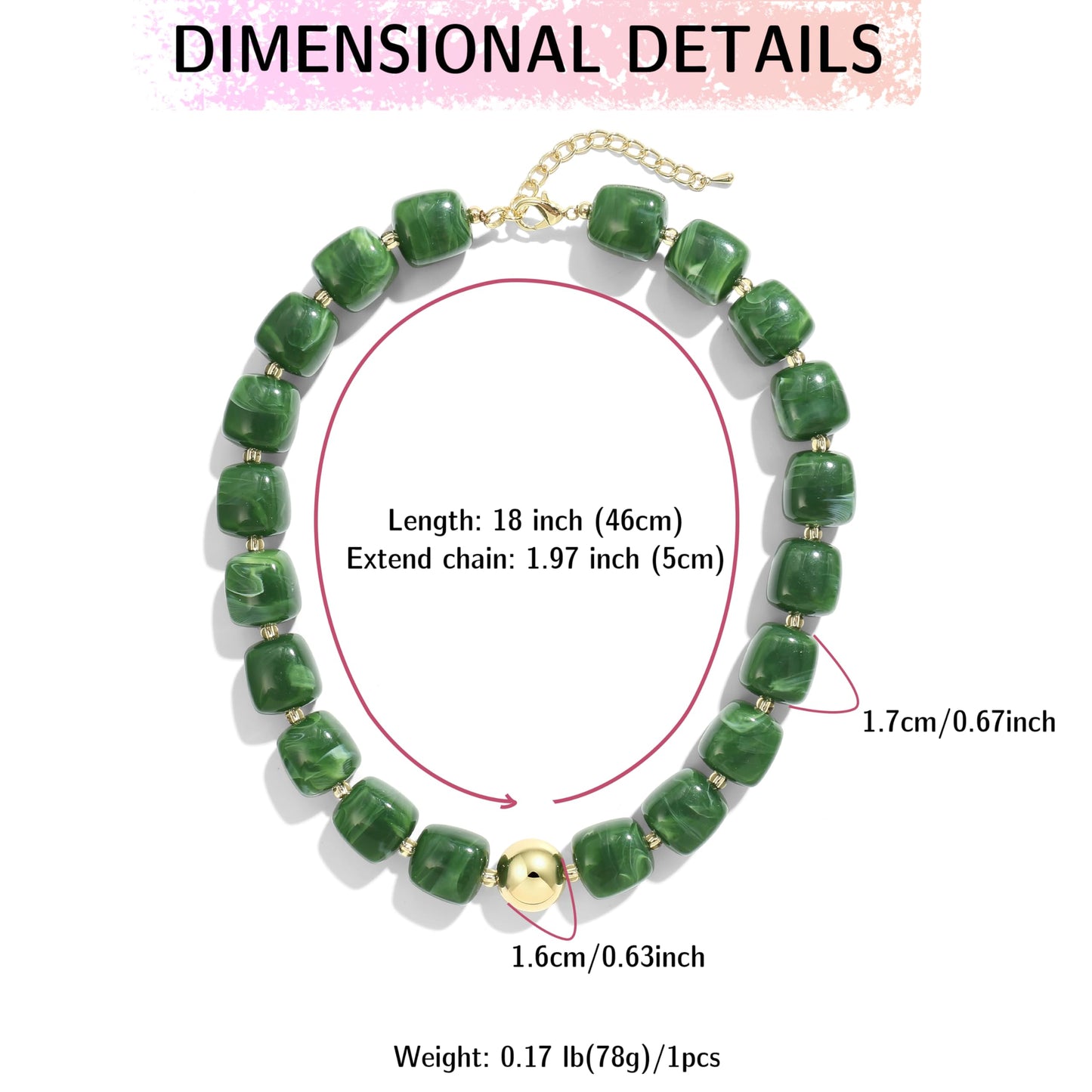 BREPINE Dark Green Chunky Necklaces for Women Multicolored Large Square Resin Beads Necklace Trendy Bold Statement Beaded Summer Candy jelly Vacation Choker