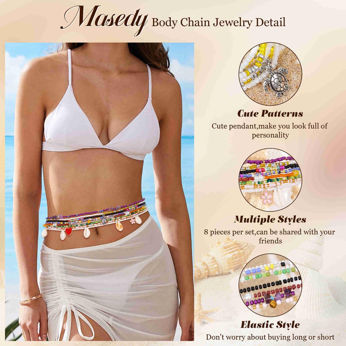 Masedy 8PCS African Waist Bead Chains for Women Layered Belly Body Chain Handmade Plus Size Beaded Belly Chain Colorful Elastic Flower Butterfly Body Chains Summer Beach Bikini Body Jewelry 31-45in (Set B, Inches, 31)