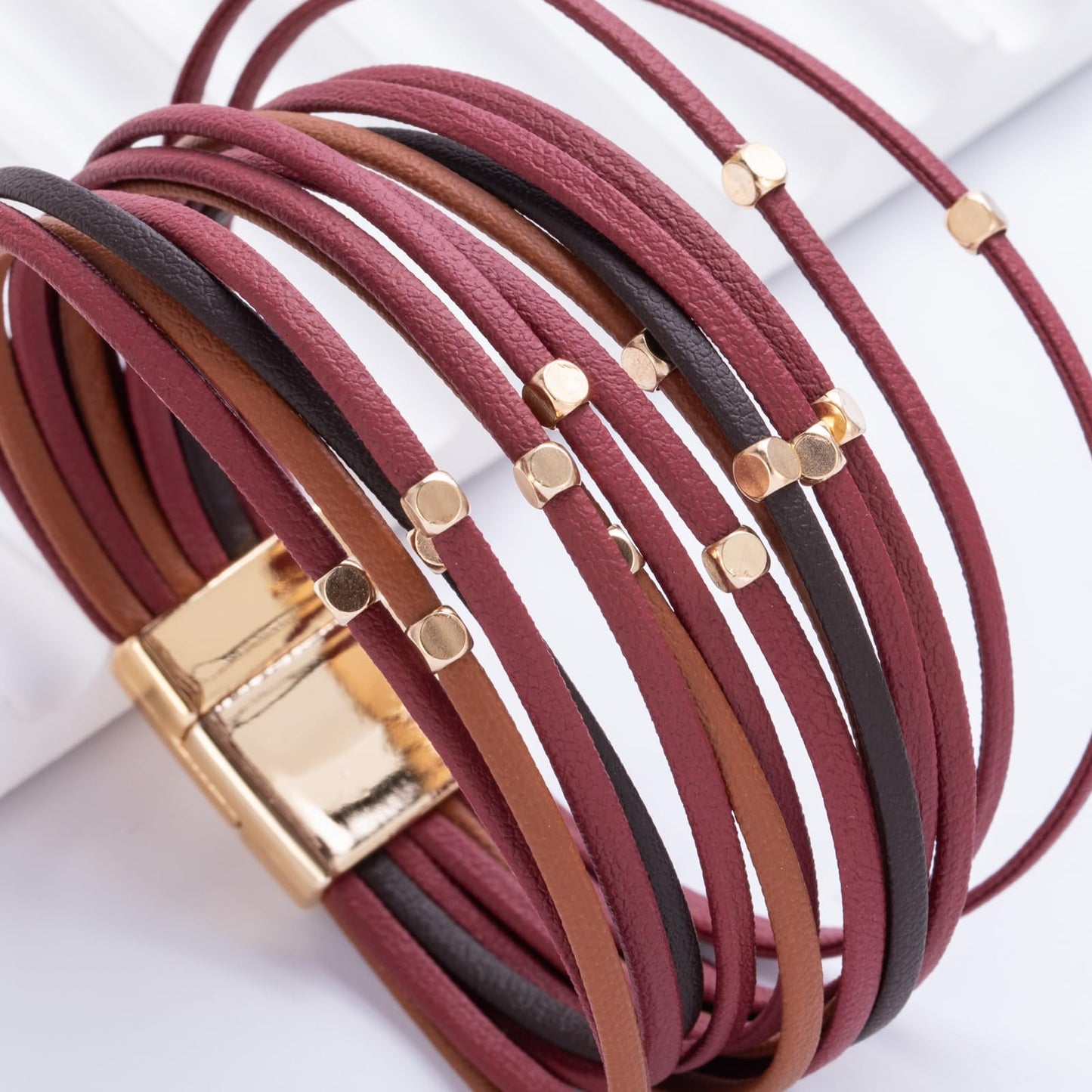 FANCY SHINY Beaded Leather Wrap Bracelets Cute Boho Stackable Bangle Cuff with Magnetic Clasp Layered Trendy Jewelry for Women(Burgundy)