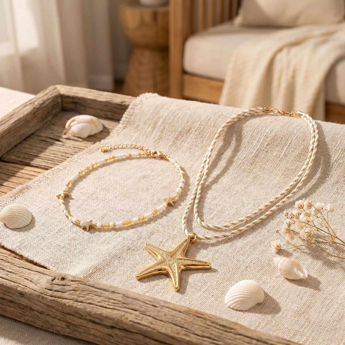 Systechy Boho Layered Starfish Necklace for Women Large Starfish Beaded Necklace Exaggerated Sea Star Adjustable Pendant Necklaces Fashion Summer Beach Holiday Party Jewelry Present (White)