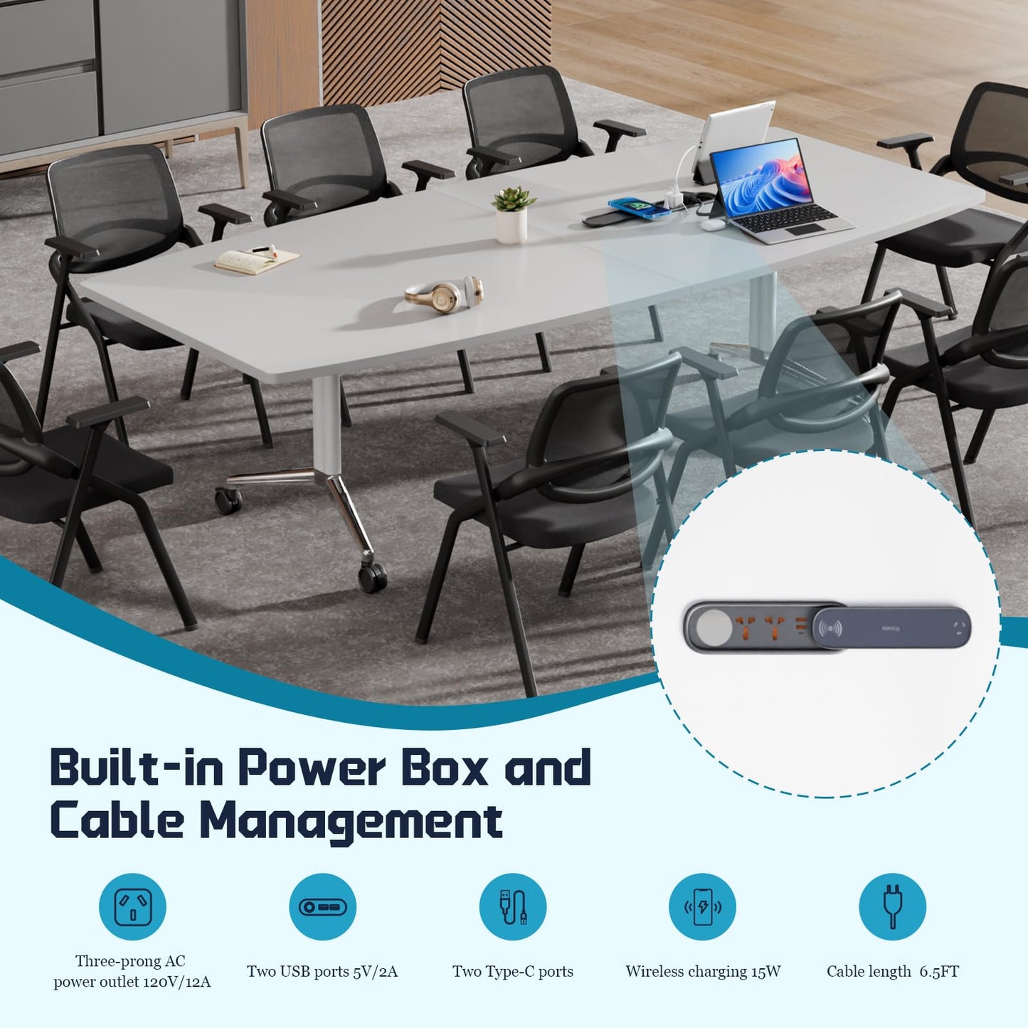 7.5 FT Large Folding Conference Table,Training Seminar Tables for 6-8 People,Built-in Wireless Charger and Power Box,Metal Legs Rolling Training Table for Office (1, White, 90.5"L×35.4“W×29.5"H)