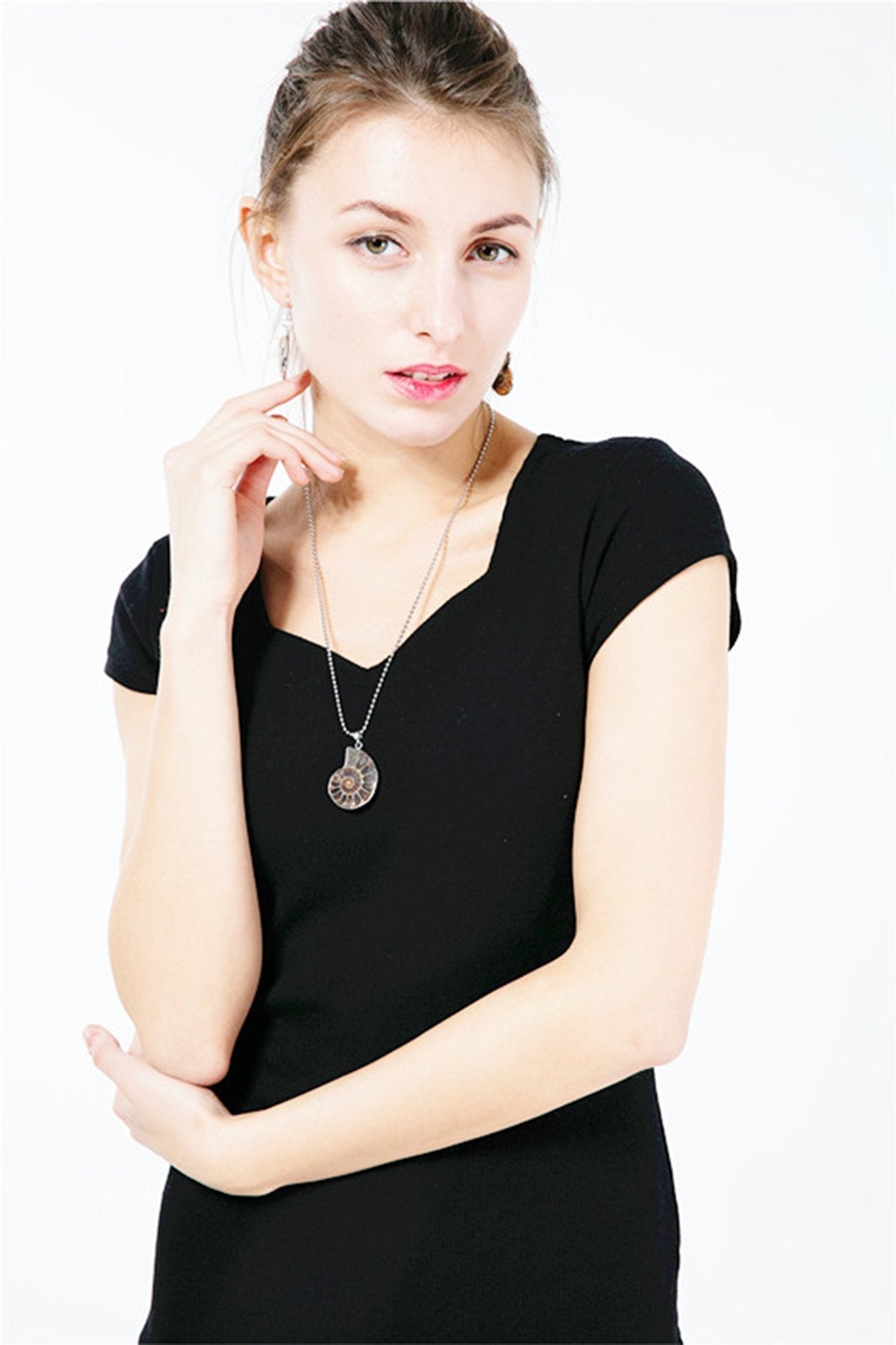 JOYA GIFT Charm Handmade Natural Conch Fossil Ammonite Silver Wrapped Pendant Shell Necklace for Women(1 PCS)