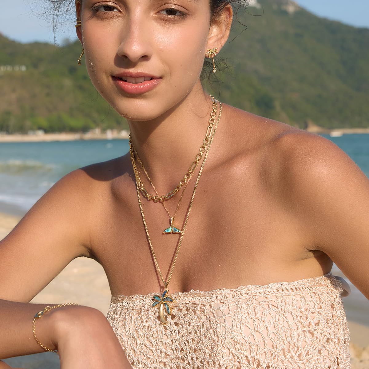 NUZON Abalone Shell Palm Tree Necklace for Women, 18K Gold Plated Stainless Steel Coconut Tree Pendant, Waterproof Hypoallergenic 20.5 Inch Twisted Rope Chain, Tropical Beach Vacation Jewelry Gift for Her