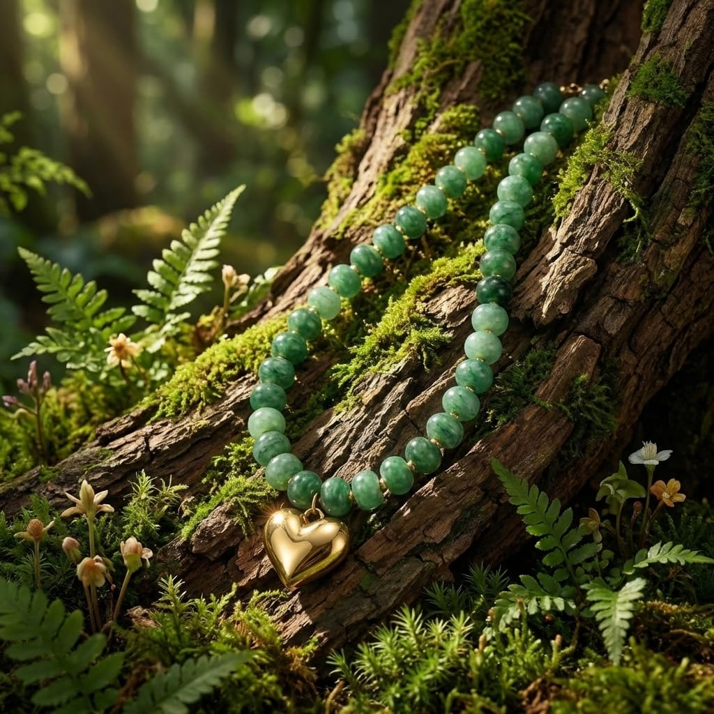 Frigotine Chunky Heart Necklace for Women, Green Acrylic Resin Beaded Choker with Gold Puffy Heart Pendant, Trendy Statement Jewelry Gift