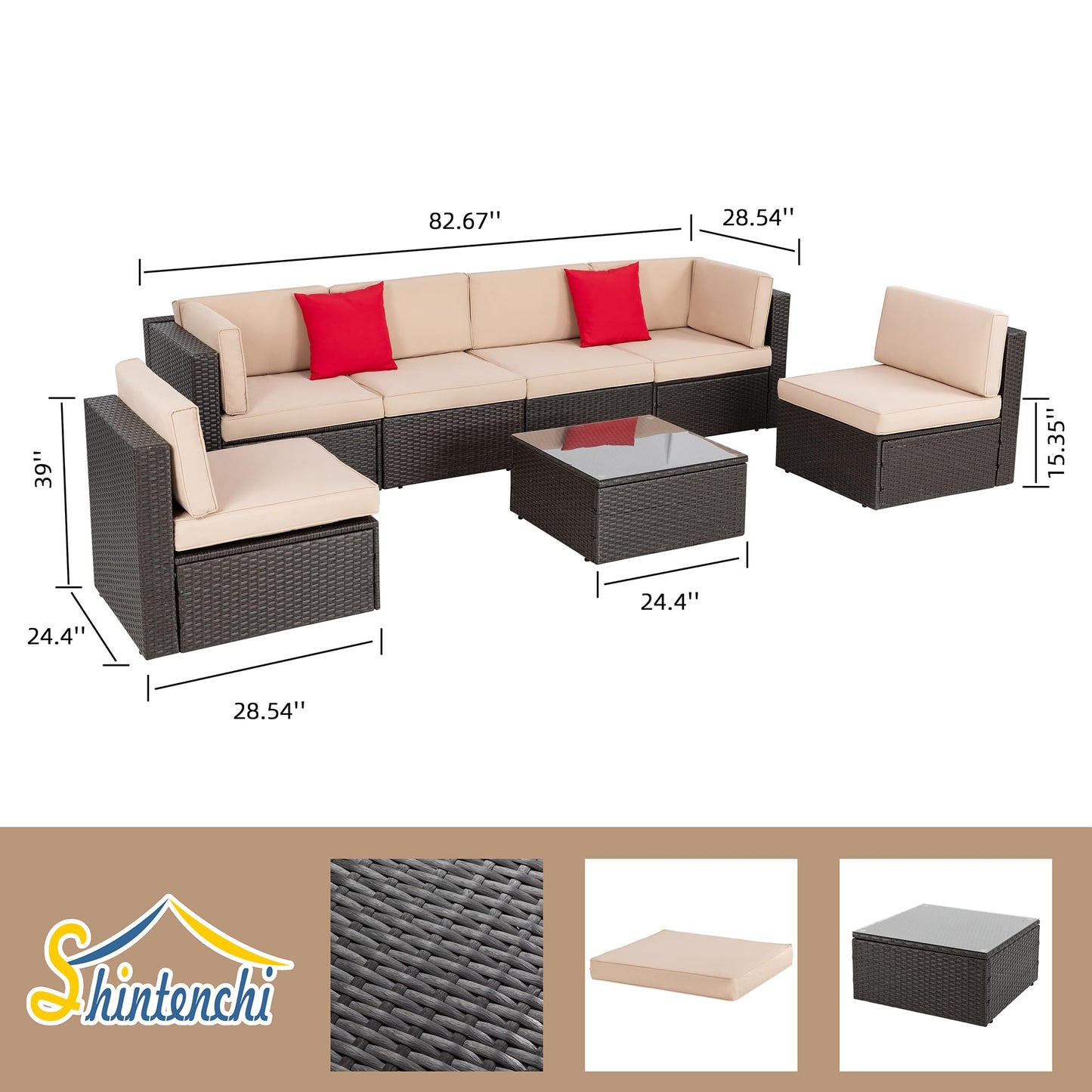 Shintenchi 7 Pieces Patio Furniture Sets Outdoor All-Weather Sectional Patio Sofa Set PE Rattan Manual Weaving Wicker Patio Conversation Set with Glass Table&Ottoman Cushion and Red Pillows, Beige