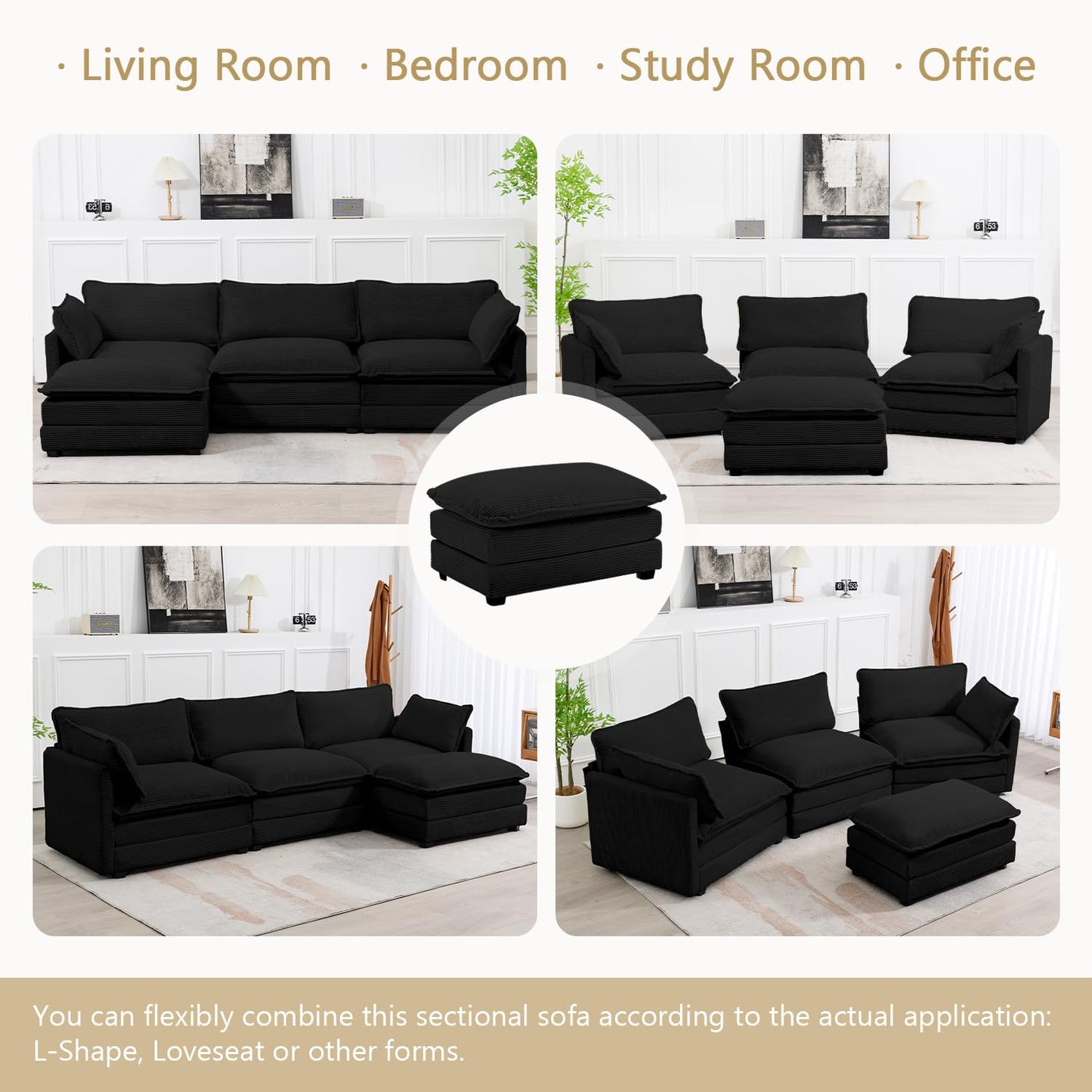 112'' Sectional Modular Cloud Couch, Oversized L Shaped 3 Seat Sofa with Movable Ottomans, 2 Throw Pillows, Upholstered Corduroy L Shape Comfy Deep Couches for Living Room and Office, Black