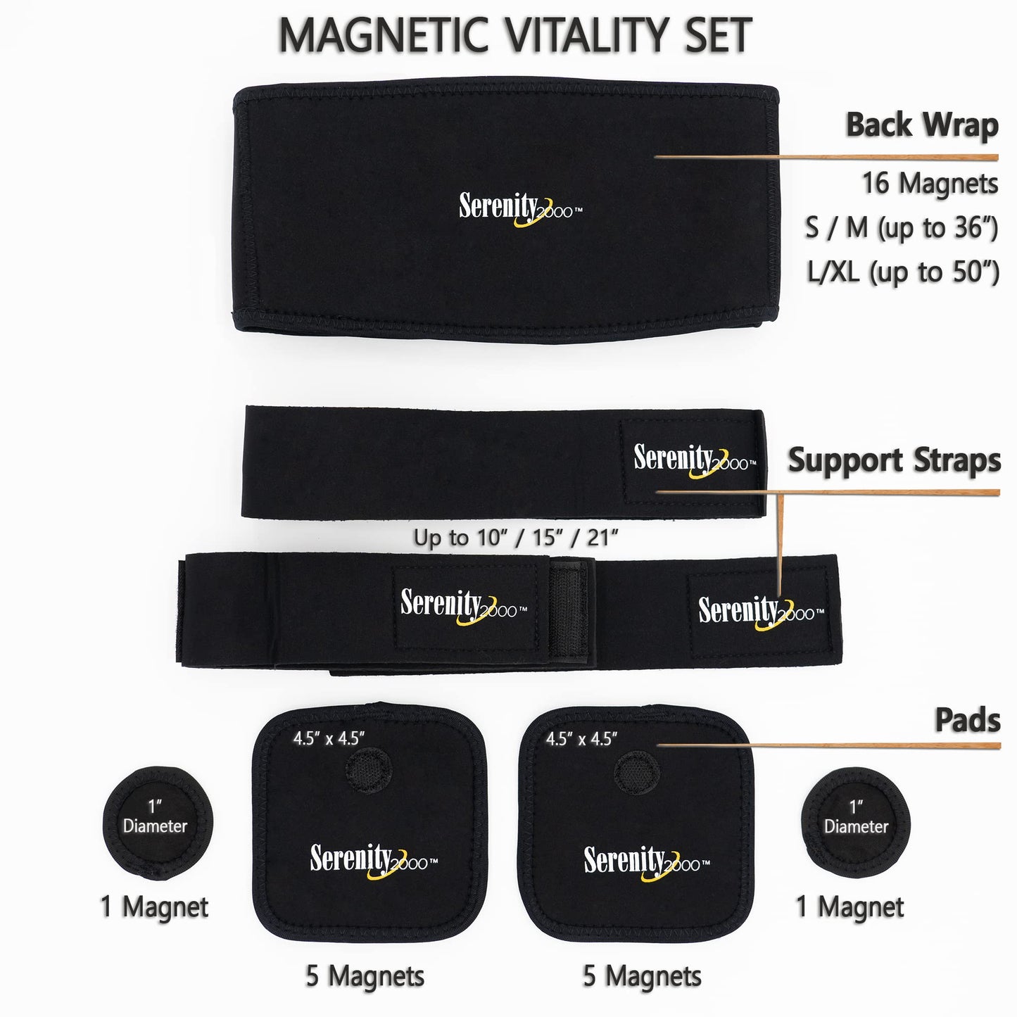SERENITY2000 Full Body Magnetic Vitality Set for Pain Relief, Reduce Inflammation, Improve Circulation – Eight-Piece Set (Large/XL - waist up to 50")