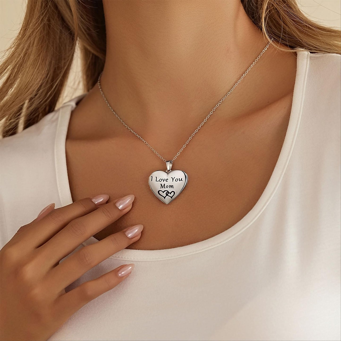 PHOCKSIN I Love you Mom Custom Personalized Silver Heart Locket Necklaces For Women Photo Locket Necklace with Customized Text Pictures for Mothers Day Gifts
