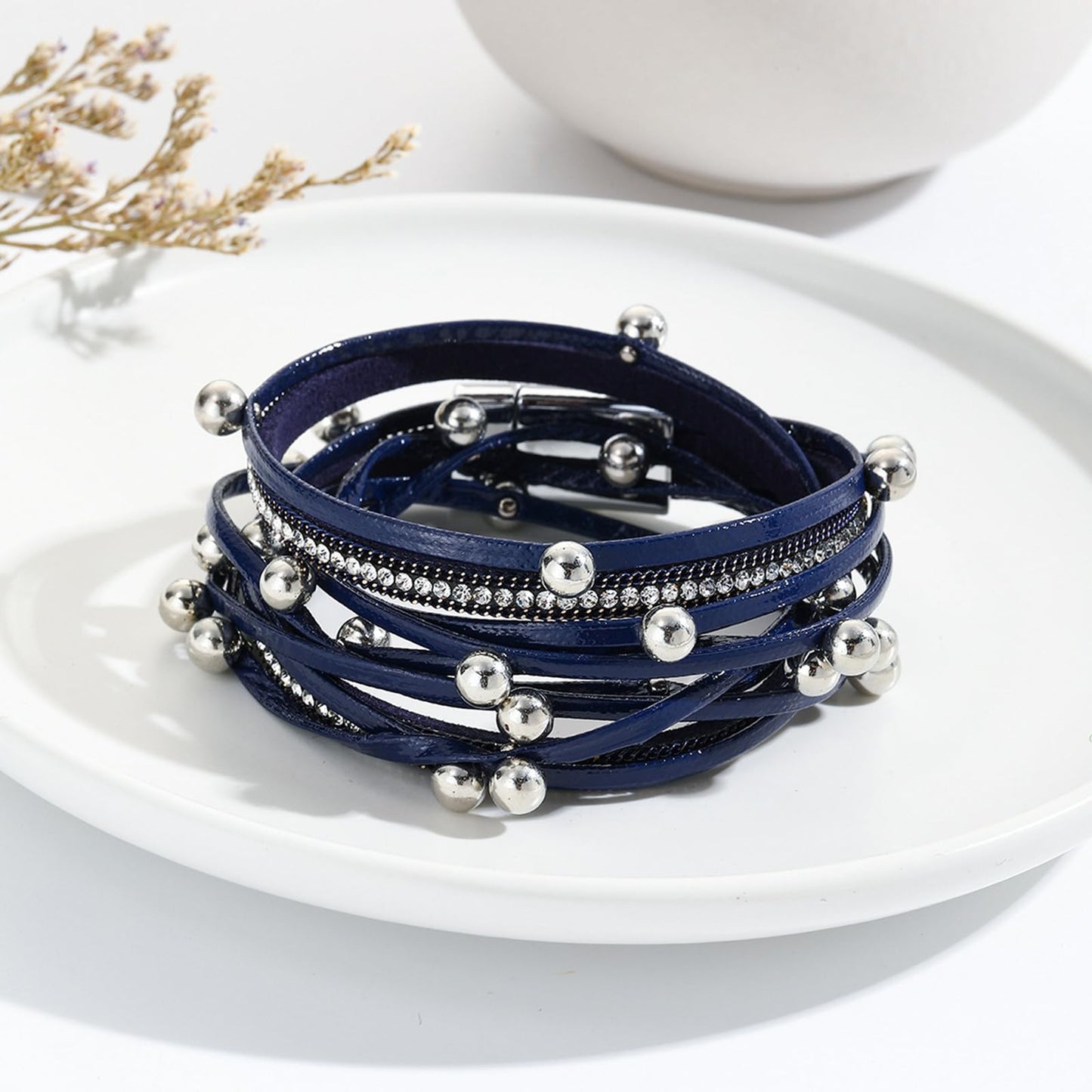 VIBILIA Boho Leather Wrap Bracelets for Women Trendy Multi-Layer Crystal Beads Cuff Bracelets with Strong Clasp Jewelry for Women-Blue