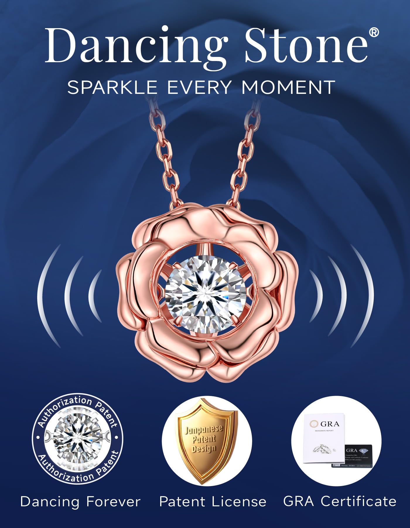 MomentWish Rose Necklace, Birthday Gift for Mom, 1 Carat Moissanite Necklace for Women with Moving Stone, 14K Rose Gold Plated 925 Sterling Silver Pendant, 18''+2 Extender