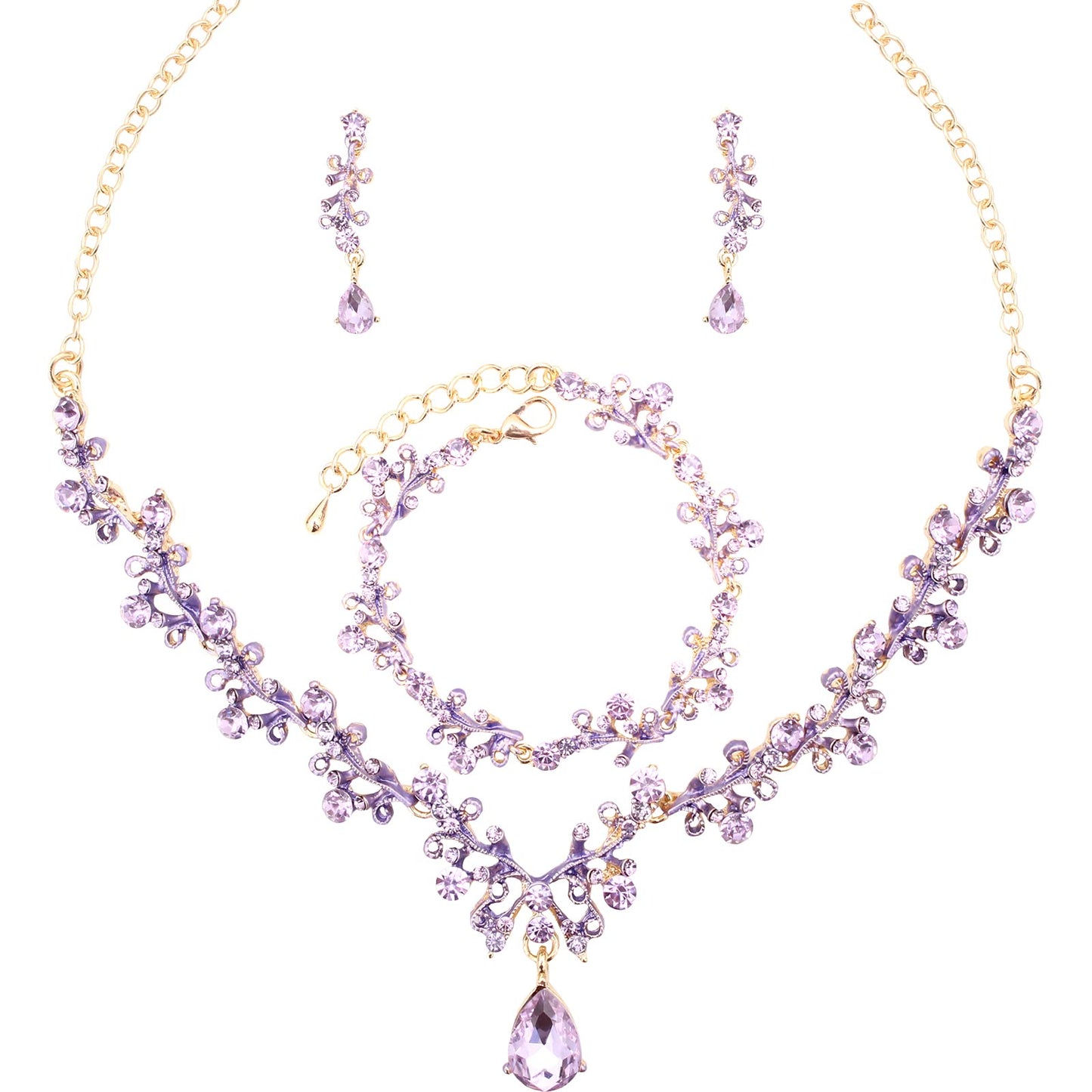 3Pcs Austrian Crystal Jewelry Set for Women, Necklace Dangle Earrings Link Bracelet Jewelry Set with Gold/Platinum/Gun Plated, Wedding Party Jewelry for Bridal Bridesmaid (Violet-Gold Plated)