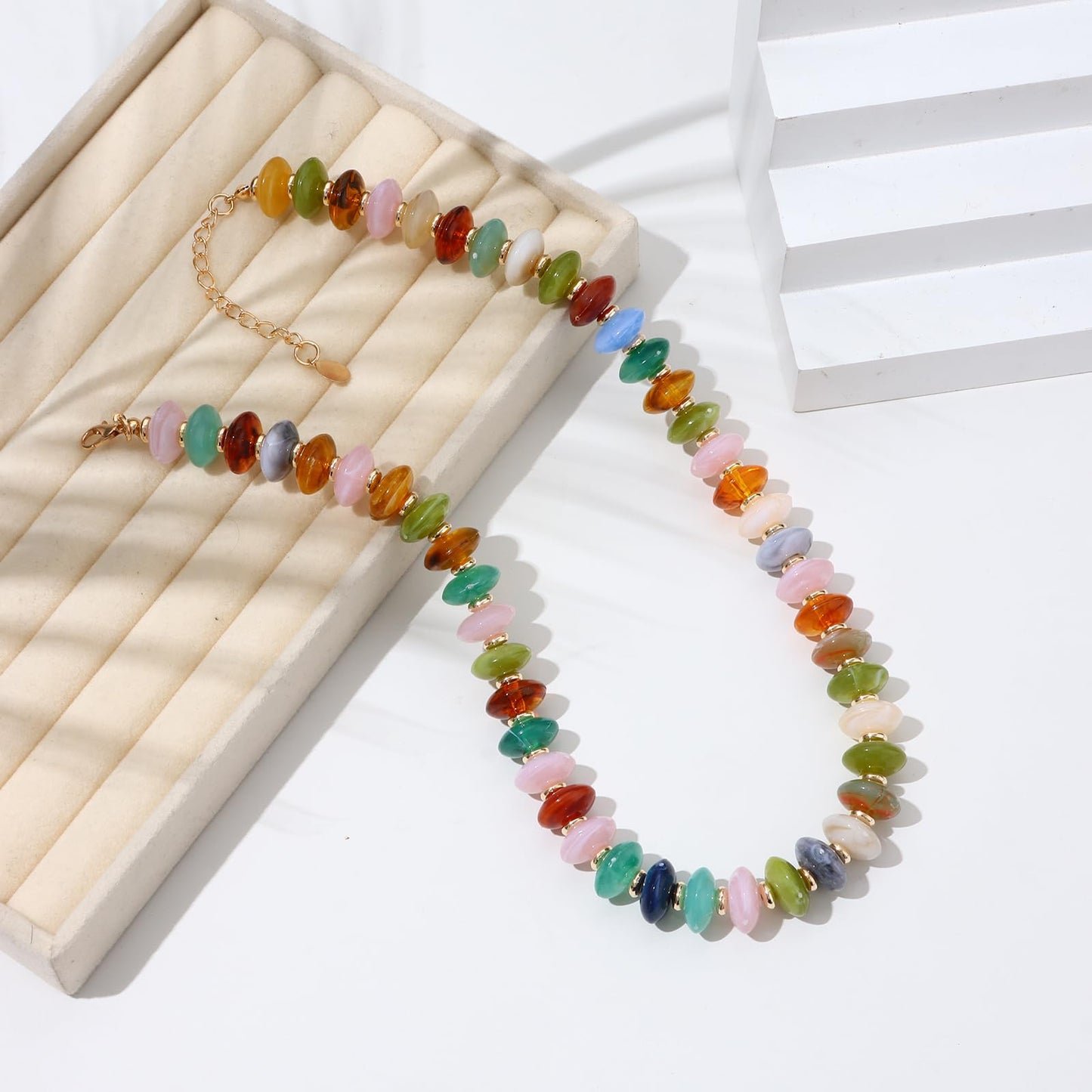 joymiao Chunky Necklace for Women Colorful Beaded Necklaces Resin Blue Mixed Beads Choker Gemstone Necklace Summer Beach Jewelry