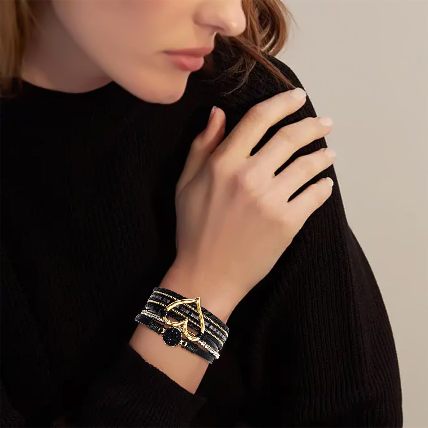 VIBILIA Boho Leather Wrap Bracelets for Women Heart Multi-Layer Bracelets with Strong Clasp Jewelry for Women-Black