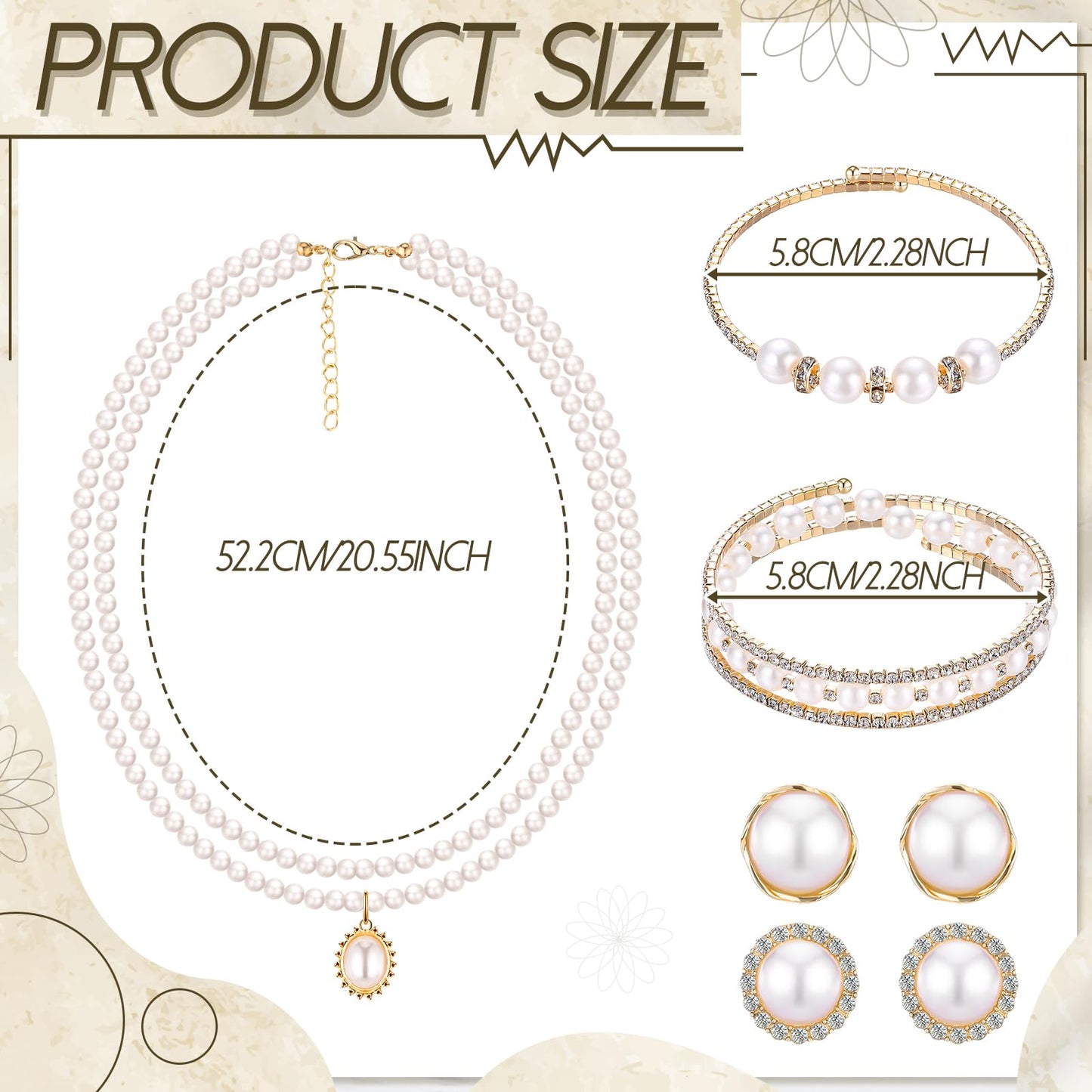 Glenmal Pearl Rhinestone Jewelry Set for Women Pearl Necklace Bracelet Earrings for Wedding Birthday Bridal Shower Tea Party(Delicate Style)
