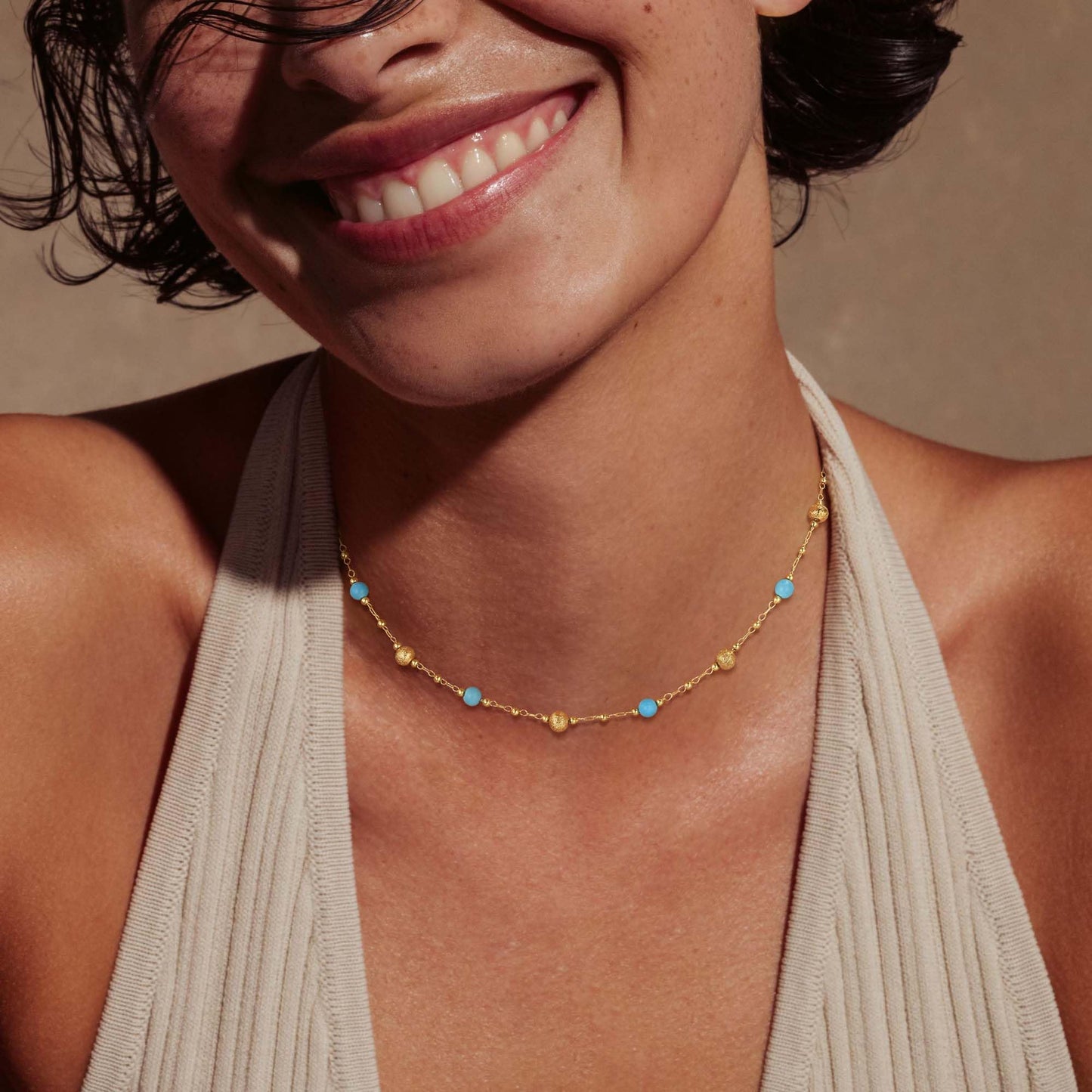 MTMY Beaded Necklaces for Women 14K Gold Plated Dainty Colorful Green/Rose Beaded Pearl Choker Necklace Delicate Boho Choker Necklace Jewelry Gift (turquoise ball)