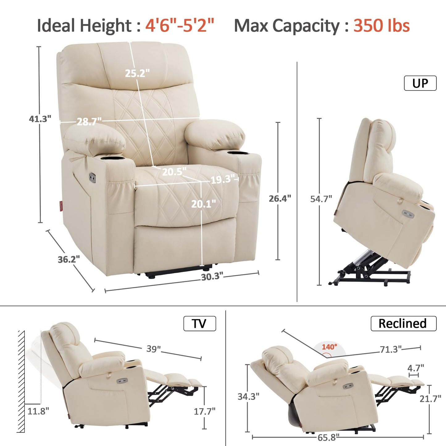 MCombo Small Power Lift Recliner Chair Sofa with Massage and Dual Heating, Adjustable Headrest for Elderly People Petite, USB Ports, Faux Leather 7111 (Cream White)