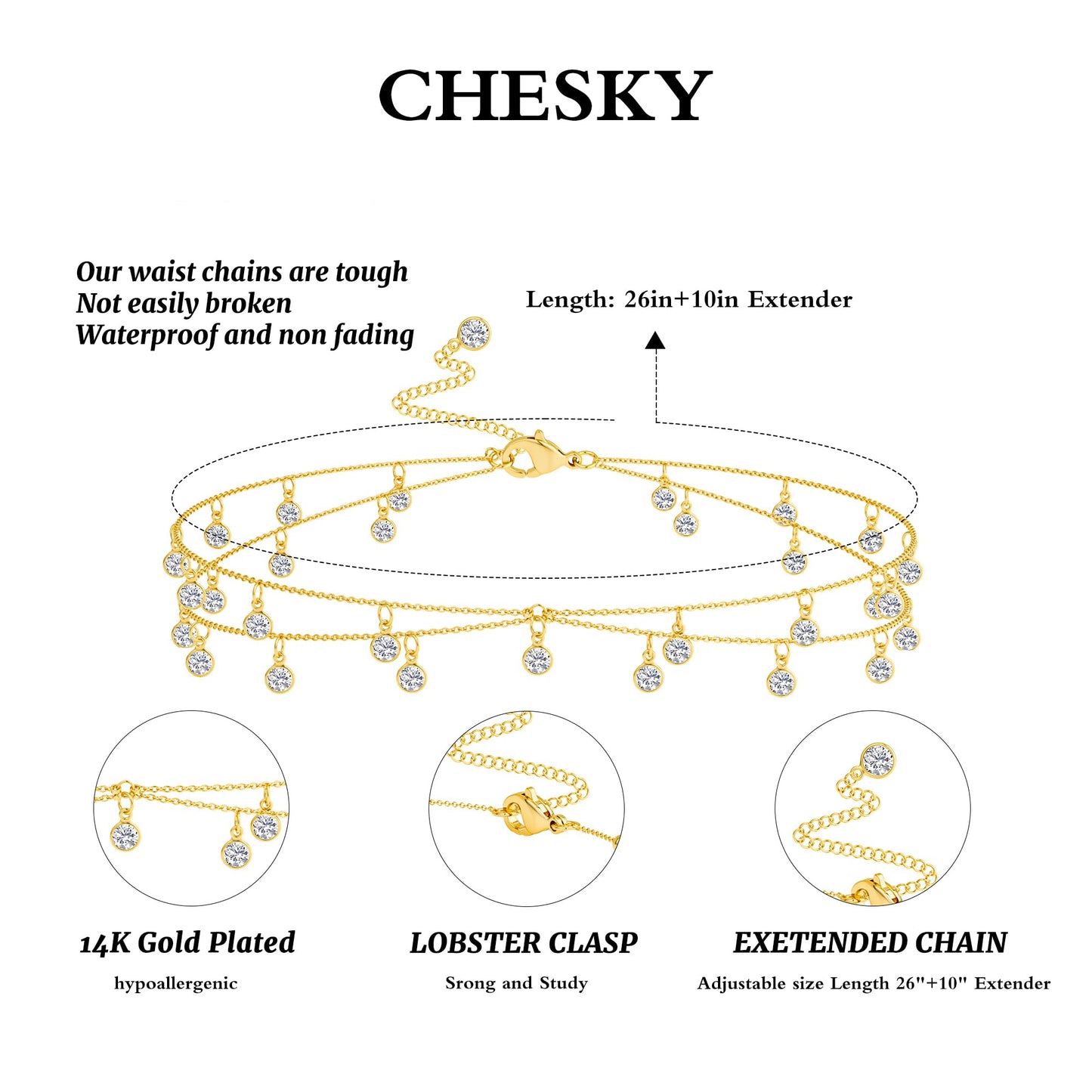 CHESKY Gold Waist Chain for Women Trendy, 14K Gold Plated Layered Belly Chain Adjustable Waterproof Sexy Beach Bikini Cubic Zirconia Chain Hypoallergenic Dainty Body Chain Jewelry for Women Gifts