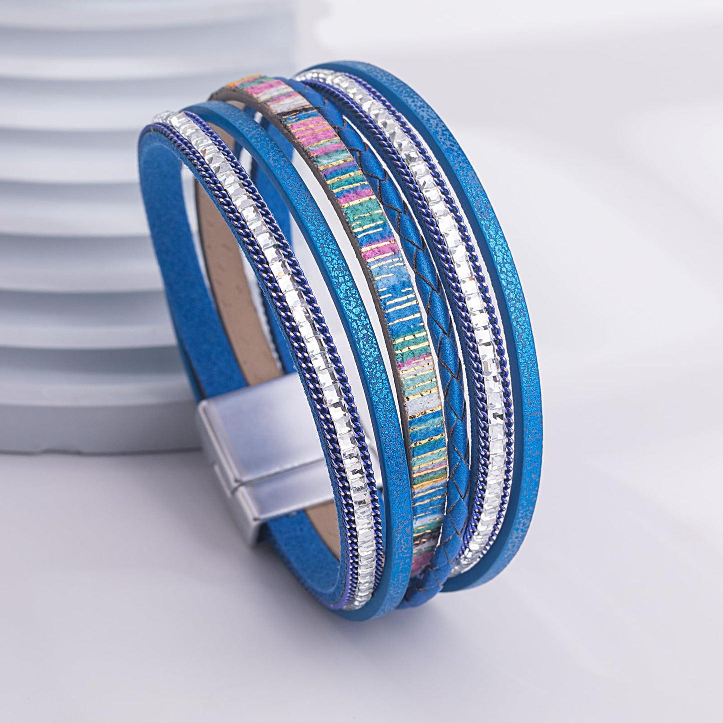 FANCY SHINY Boho Leather Wrap Bracelets Trendy Layered Bracelets with Magnetic Clasp Strackable Bohemian Cuff Jewelry Gifts for Women(Royal Blue)
