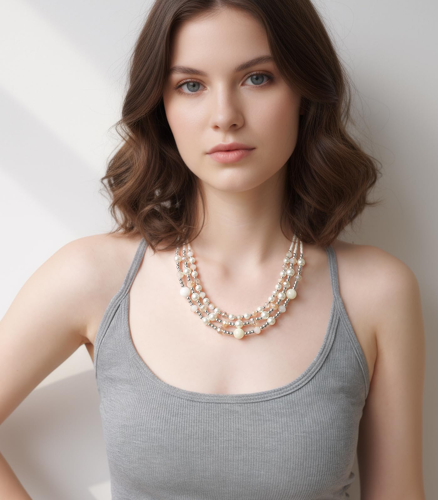 Noessla Beaded Statement Necklaces for Women Layered Chunky Bead Necklace Fashion Costume Jewelry Gifts for Mom(Beige)