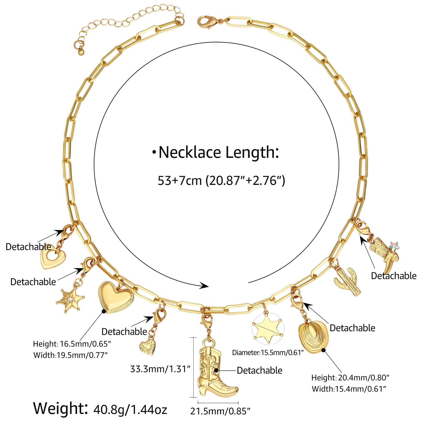 BONJOULRY Charm Necklace for Women Gold Western Coastal Cowgirl Cowboy Boot Heart Star Cactus Charms Chunky Paperclip Chain Statement DIY Choker Necklace Jewelry Gifts Boots