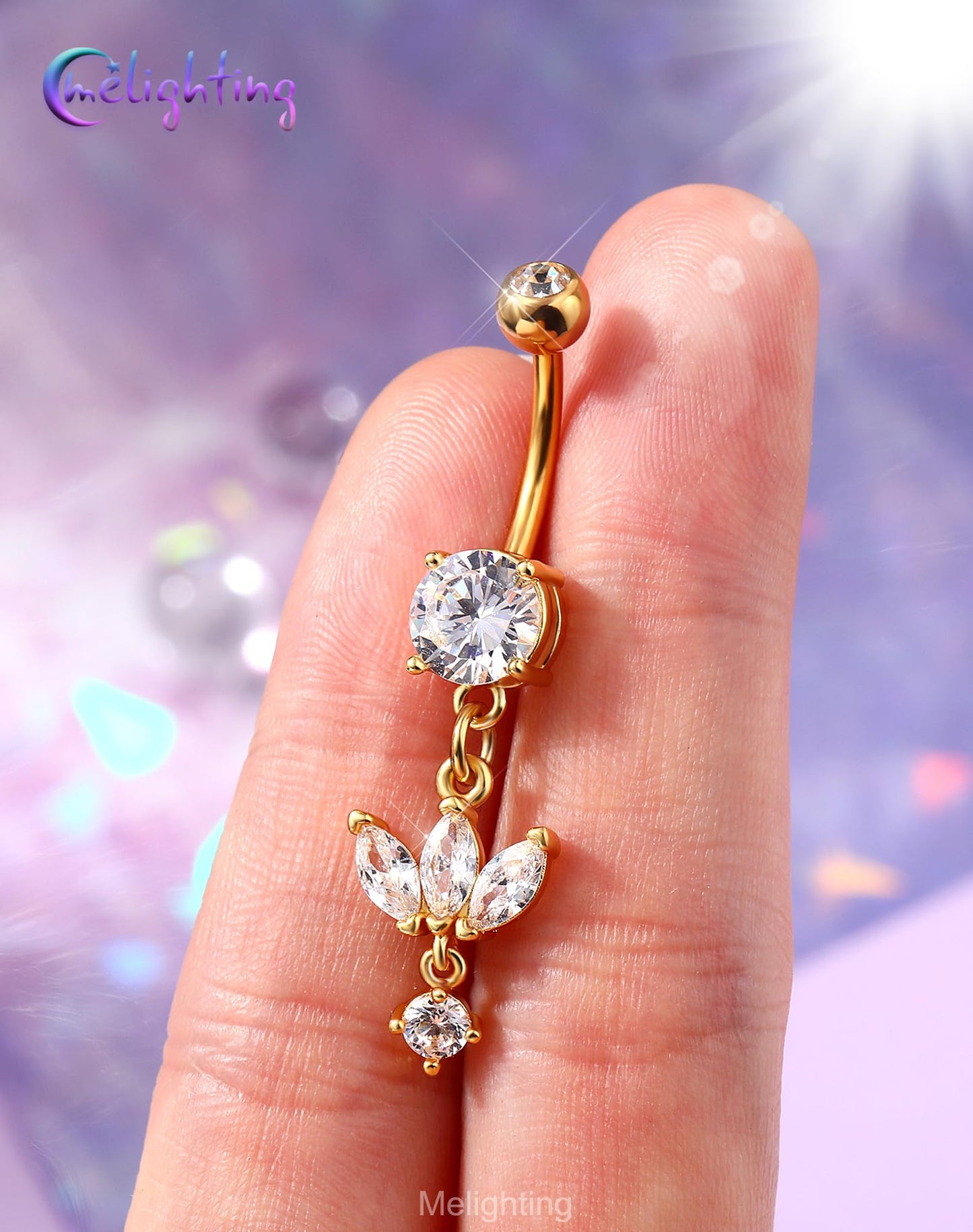 Melighting Minimalist Lotus Belly Button Ring 14G 10mm Navel Ring with Three Marquise CZ Petals and Dangling Round Zircon, 316L Stainless Steel Belly Piercing Jewelry in Gold