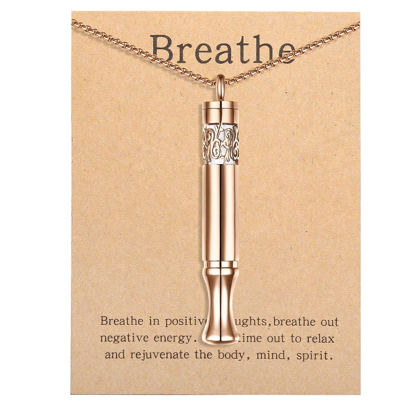 Anxiety Relief Pendant Mindfulness Breathing Necklace - Essential Oil Diffuser & Personal Inhaler Aromatherapy Necklaces for Women & Men (Rose Gold)