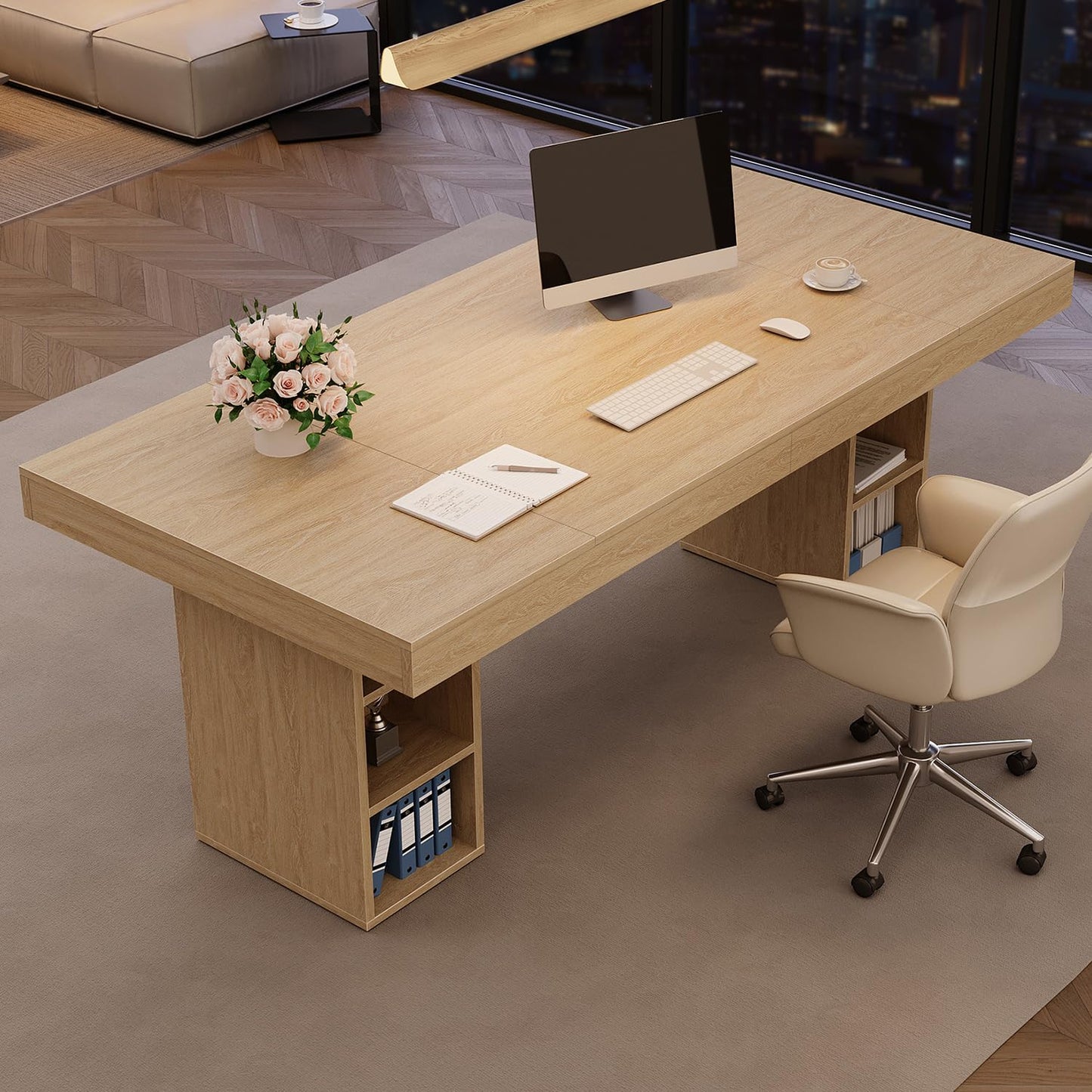 IDEALHOUSE 71” Executive Desk with Cabinet Storage, Farmhouse Home Office Desk, Wooden Computer Desk with Extra Thickened Tabletop & Metal Frame, for Work Study Writing, Oak