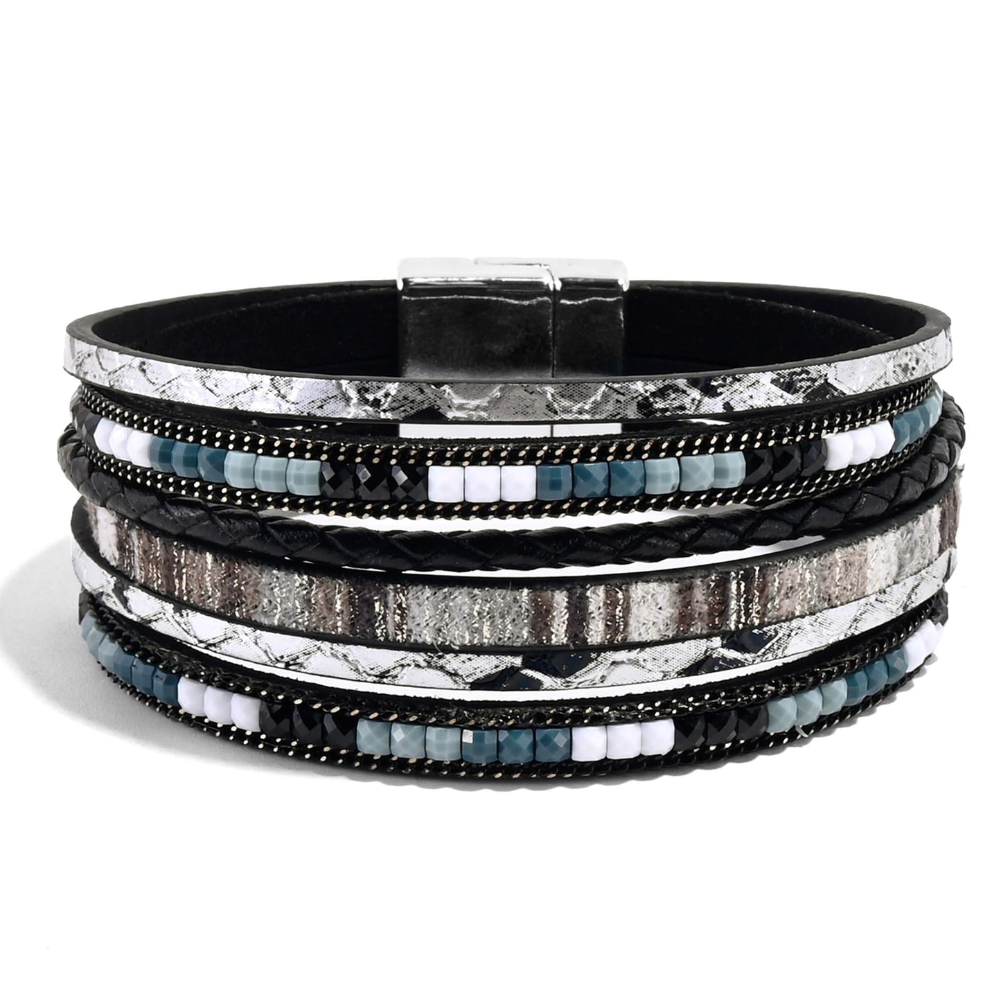 VIBILIA Boho Leather Wrap Bracelets for Women Trendy Layered Multi-Layer Bracelets with Strong Clasp Jewelry for Women-Black