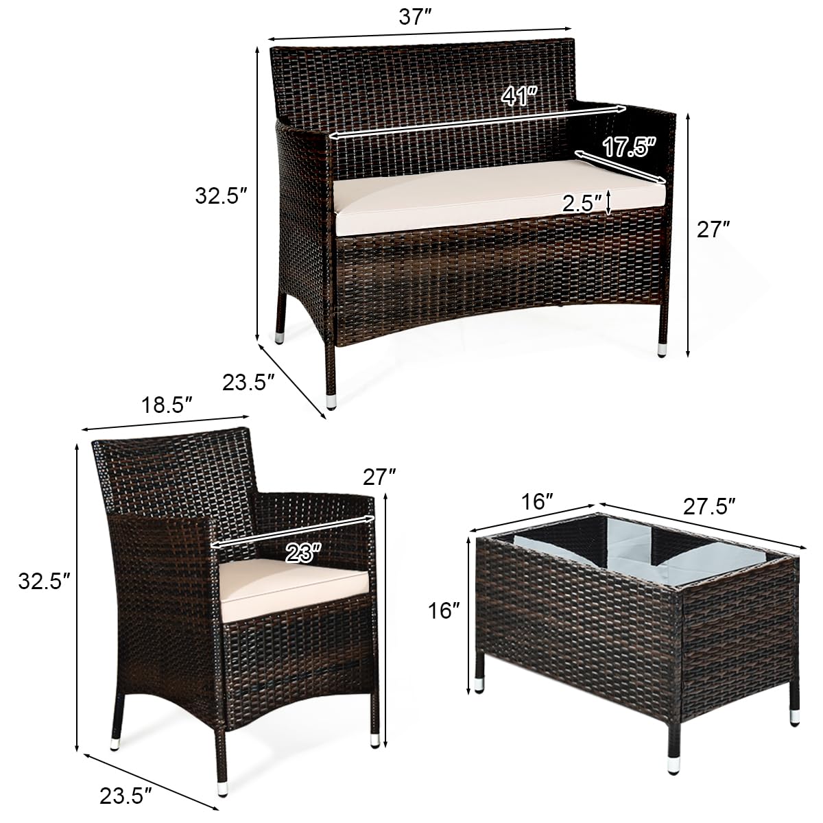COSTWAY 8PCS Rattan Patio Furniture Set, Outdoor Wicker Rattan Chairs with Coffee Table, Rattan Cushioned Conversation Set for Backyard Balcony Porch Poolside, Brown