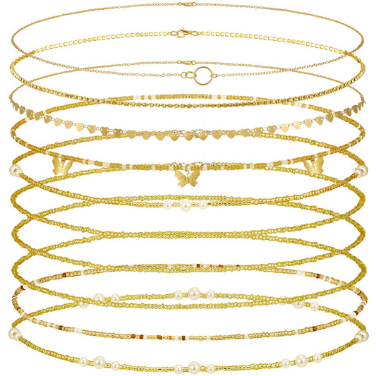 Lenwen 10 Pcs Summer Beach Belly Chain Adjustable Waist Multi Layered Chain Waist Jewelry for Women Girls Multilayer Body(Cute Style,Gold)