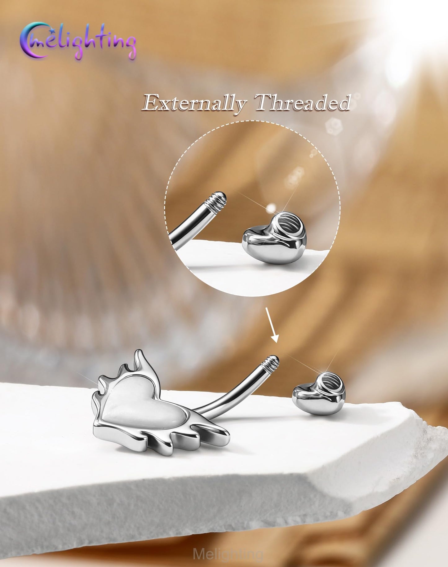 Melighting 14G Heart Belly Piercing, 316L Stainless Steel Belly Button Ring with Opal and Fire-Like Shape, 10 mm Navel Ring, Elegant Body Piercing Jewelry for Women