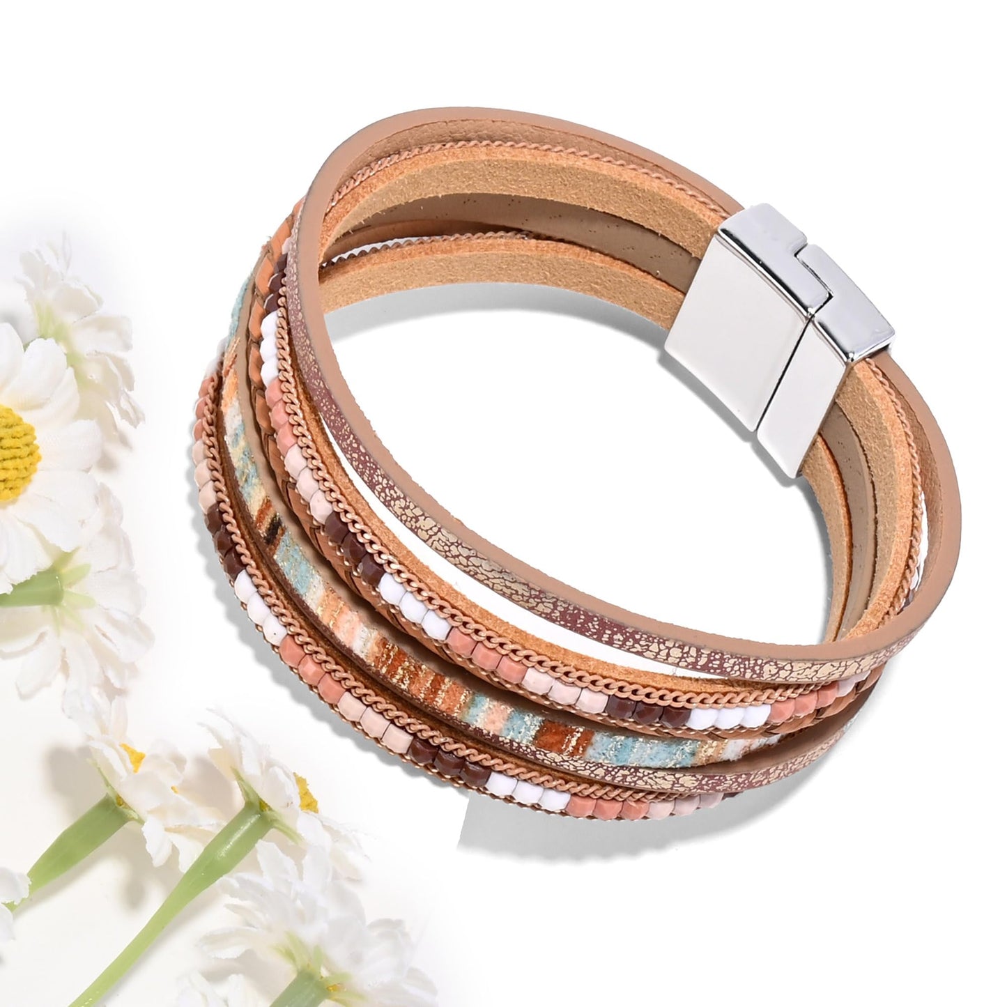 VIBILIA Boho Leather Wrap Bracelets for Women Trendy Layered Multi-Layer Bracelets with Strong Clasp Jewelry for Women-Khaki