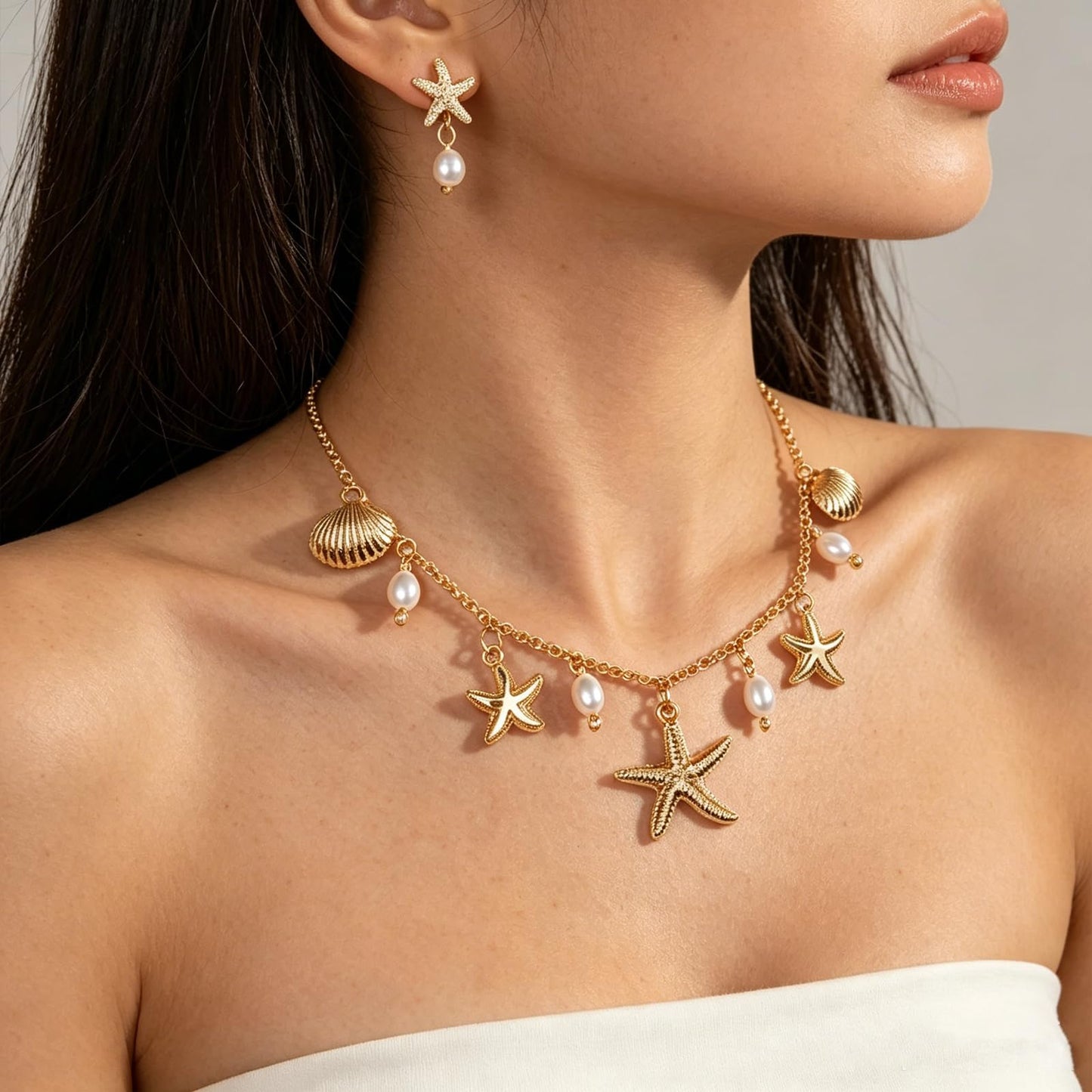 Quivox Gold Seashell Starfish Jewelry Set for Women Beach Necklace Earrings Sets Charm Pearl Choker Necklace Starfish Dangle Earrings Trendy Holiday Accessories (Gold2)