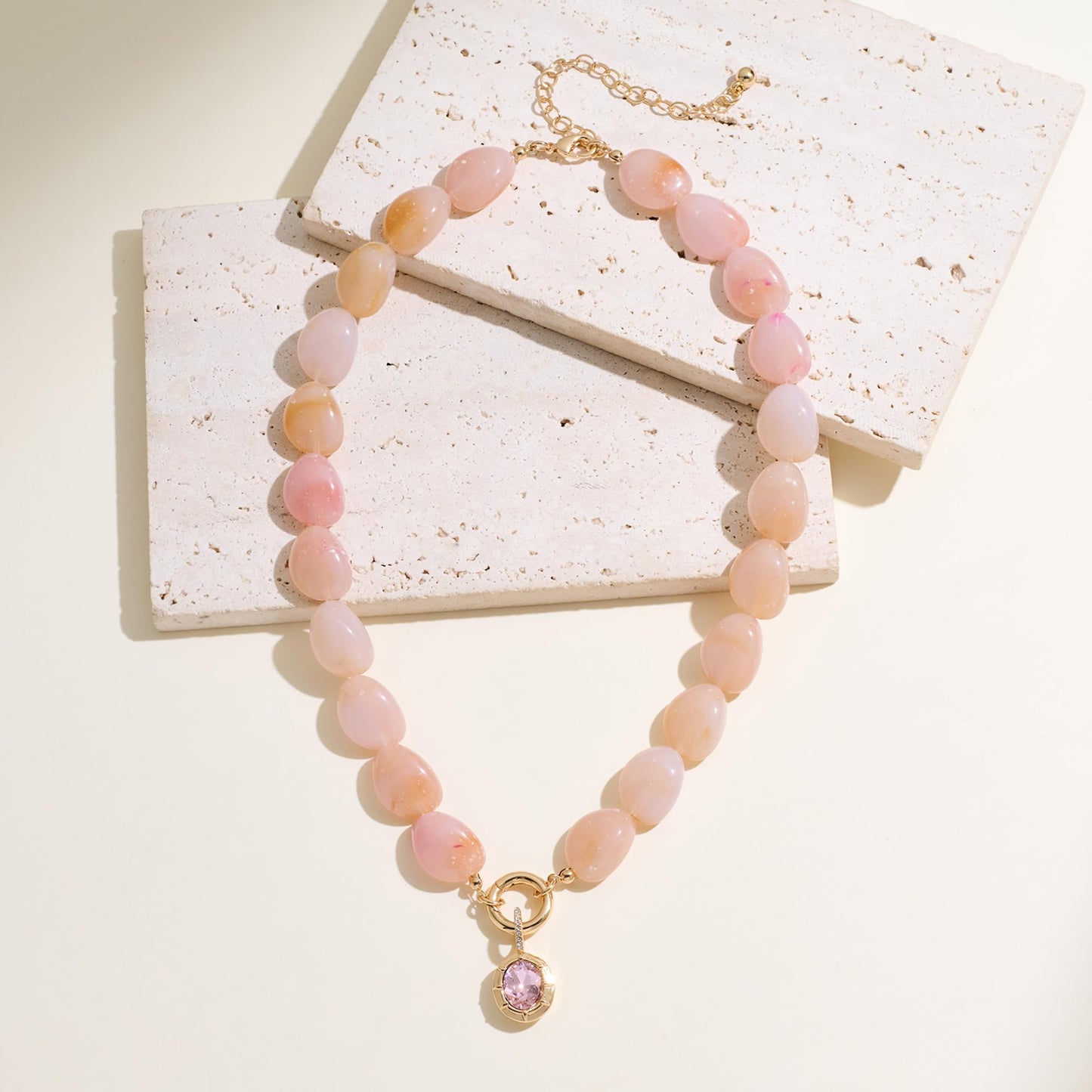 Boho Pink Acrylic Beaded Necklace for Women, 14K Gold Plated Dainty Resin Choker with Pink Cubic Zirconia Pendant, Handmade Statement Summer Jewelry, Adjustable Necklaces for Wedding Party Gift
