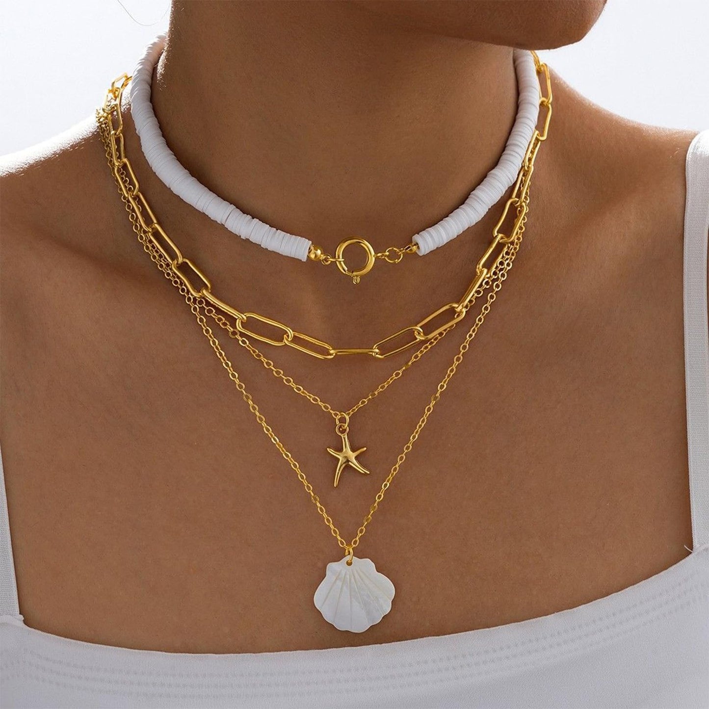 Starfish Shell Flower Necklace - Beach Jewelry for Women, Gold Coastal Charm Set, Boho Vacation Necklace, Summer Seashell Accessory