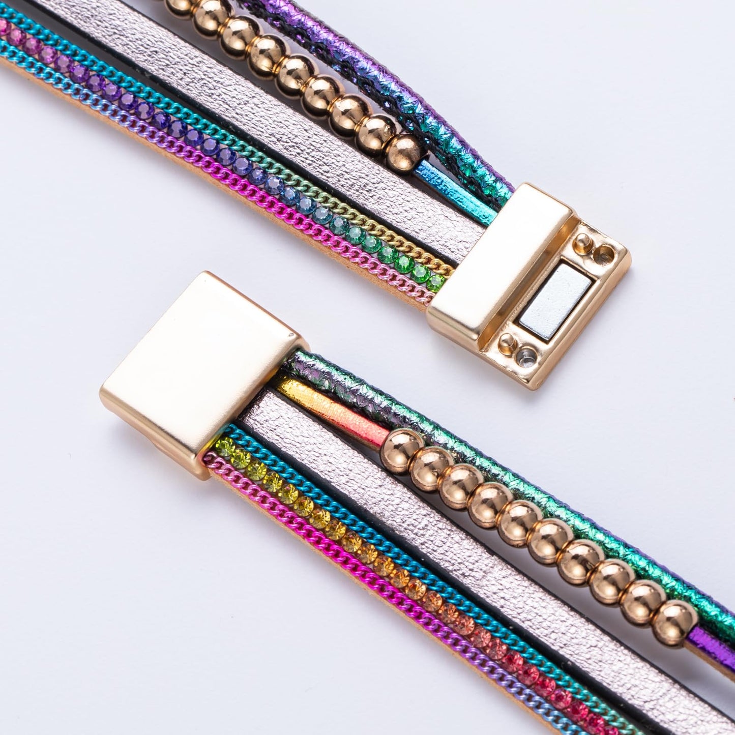 FANCY SHINY Boho Leather Wrap Bracelet Stackable Beaded Infinity Chunky Cuff Bracelets with Magnetic Clasp Western Hippie Outfits Jewelry Gifts for Women(Rainbow)