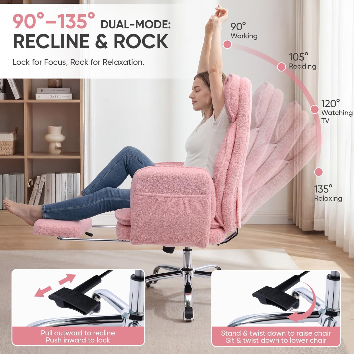 EGSEAT Big and Tall Office Chair with Flip Armrests, Cross Legged Office Chair with Storage Pockets, Comfortable Reclining Computer Chair with Foot Rest, Wide Home Desk Chair, Teddy Fleece, Pink