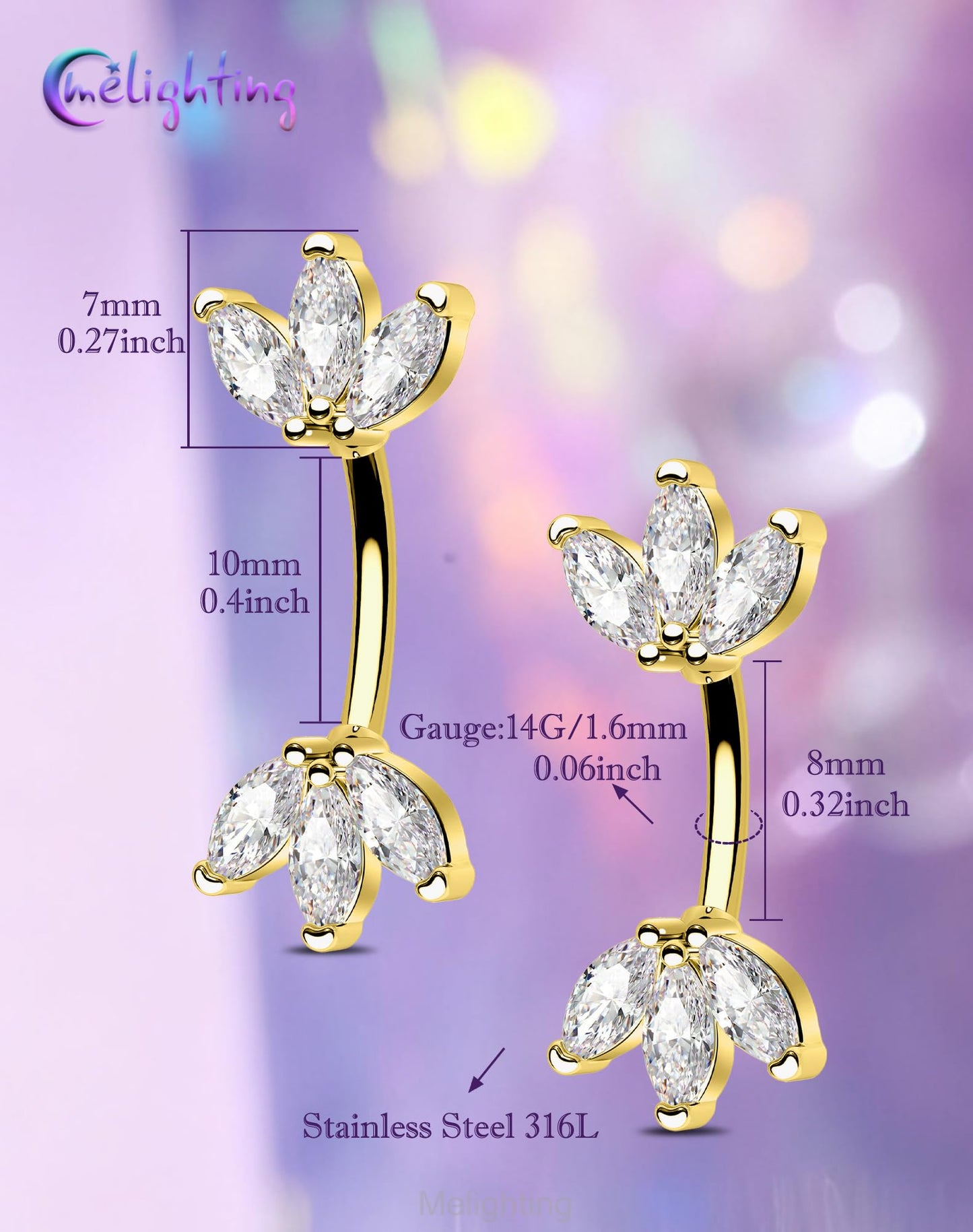 Melighting 14G Gold Lotus Belly Button Ring, Double CZ Navel Ring 316L Surgical Stainless Steel Marquise 5A CZ Belly Bar 8 mm