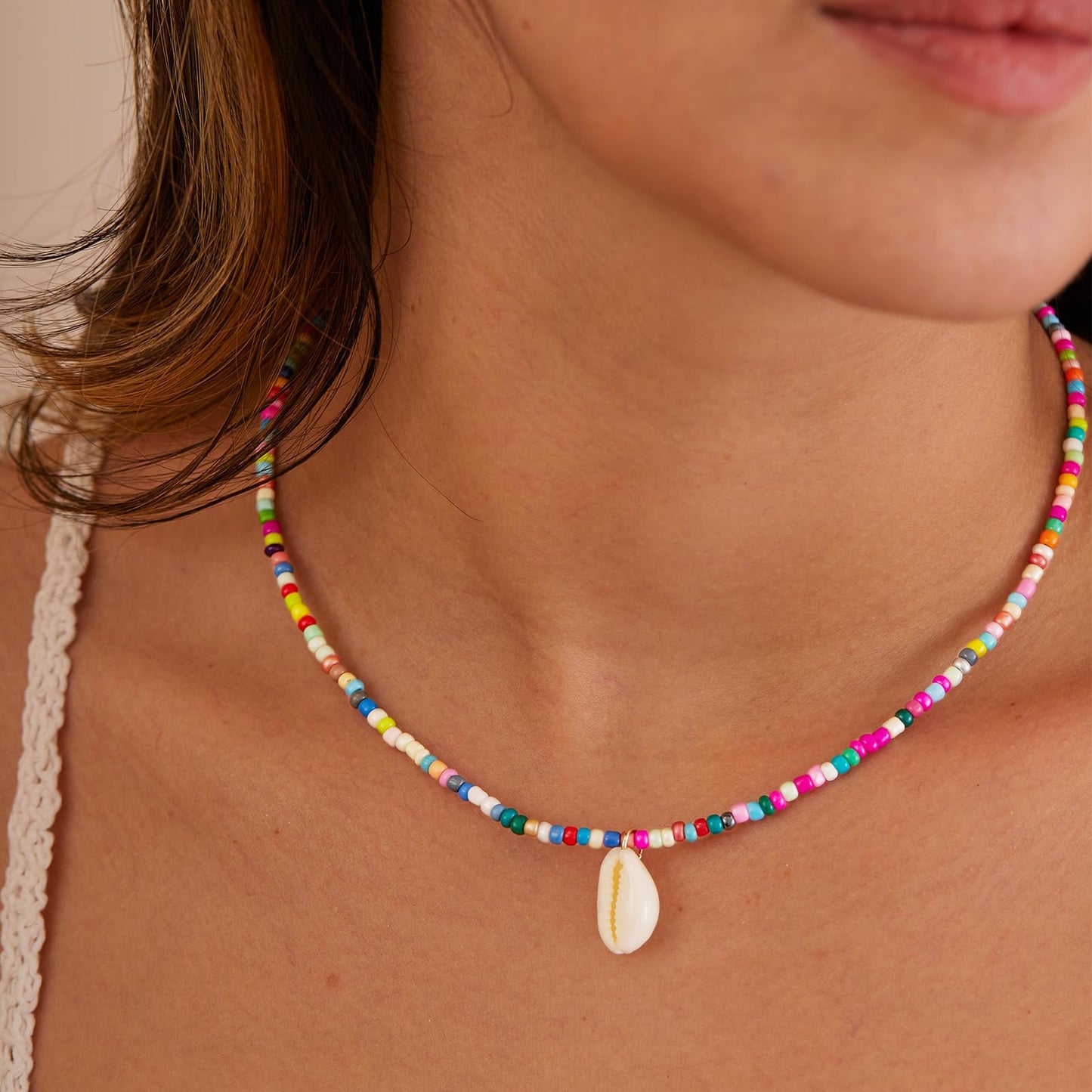 Plenky Gold Necklace for Women-Colorful Beaded Necklaces 14K Gold Plated Bohemian Choker Conch Shell Beachy Jewelry for Women Gifts