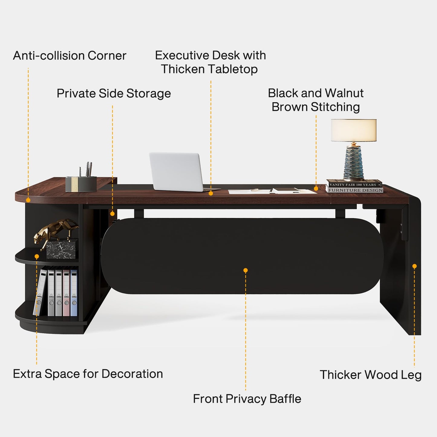 Tribesigns 80'' L-Shaped Desk, Large Executive Office Desk with 55'' Drawers Cabinet, Modern Computer Table with Storage Shelves, Business Furniture for Home Office, Walnut & Black