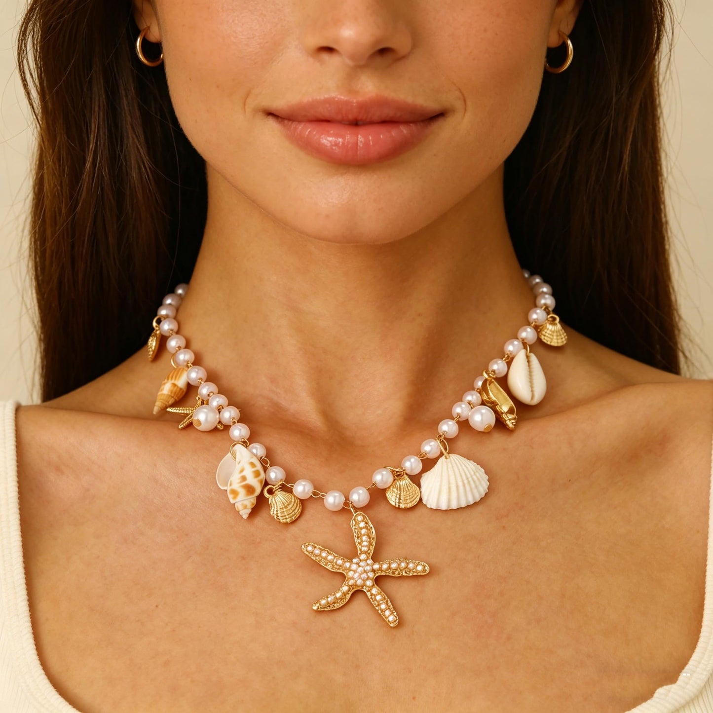 Gold Starfish Seashell Pearl Necklace for Women Gold Pearl Beaded Choker Necklace Summer Boho Starfish Seashell Charm Pendant Necklaces Beach Mermaid Jewelry Accessories