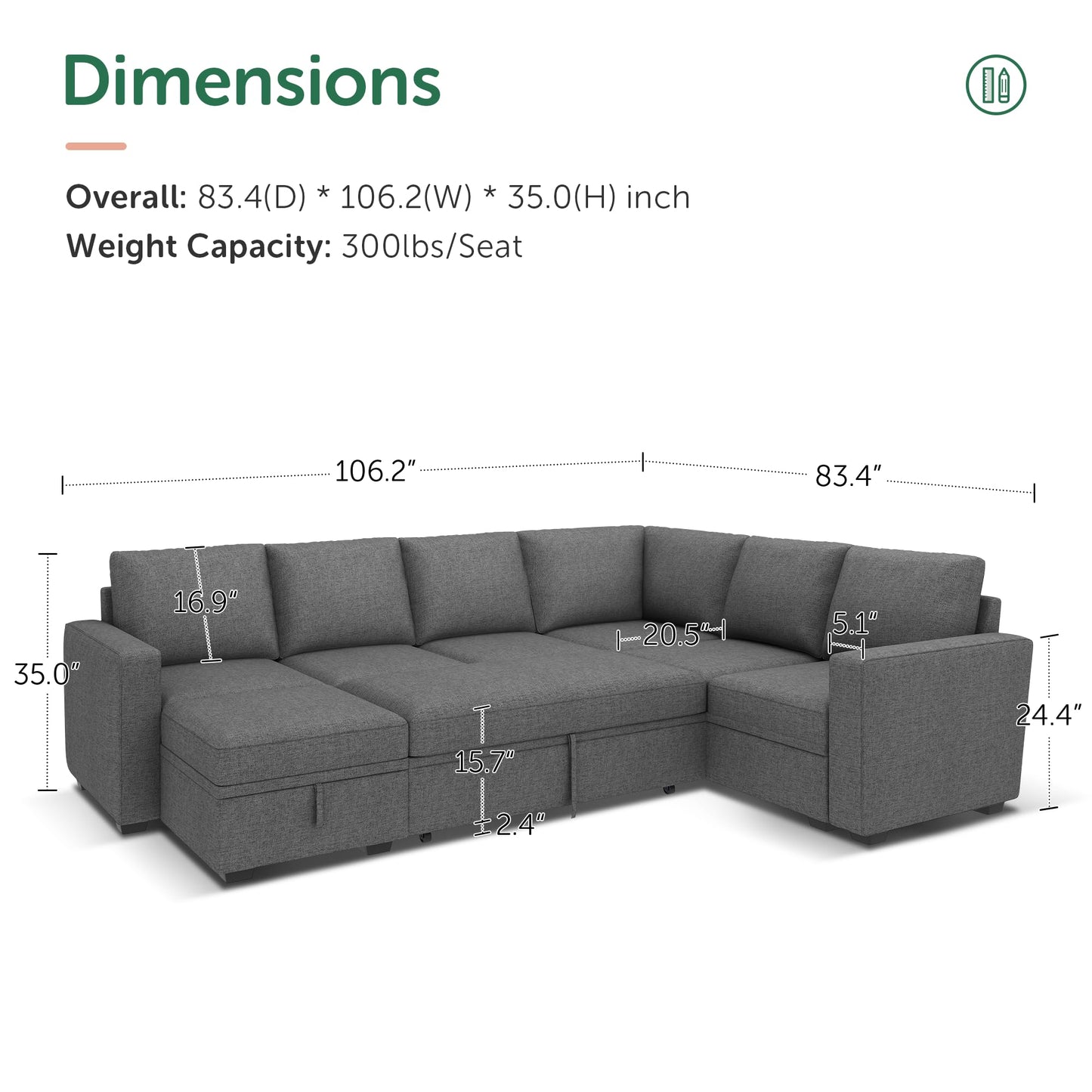 HONBAY Sectional Sleeper Sofa with Pull Out Bed, U Shaped Couch with Storage, Modular Sectional Couches for Living Room, Dark Grey