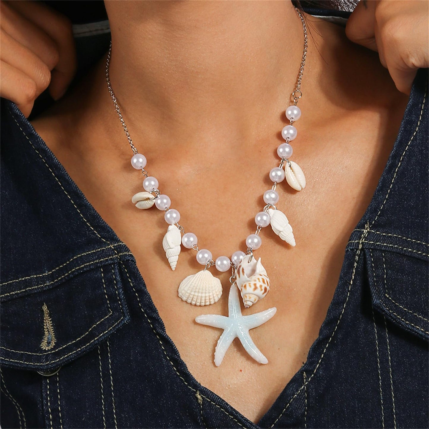 Seashell Necklace Boho Starfish Necklace Vintage Pearl Conch Choker Summer Holiday Beach Accessories Jewelry for Women (White)