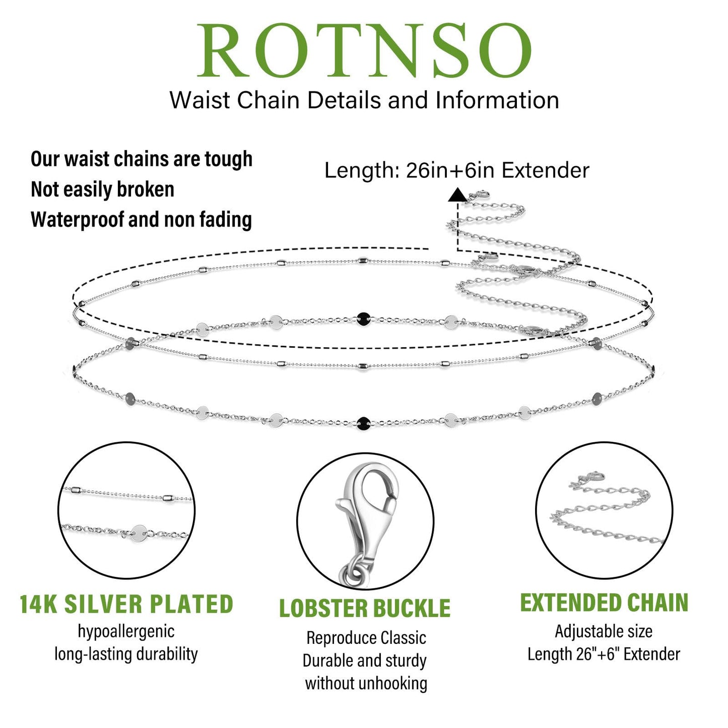 Rotnso Silver Plated Body Chains Dainty Boho Layered Beach Waist Bead Chain Adjustable Bikini Belly Chain Jewelry Accessories for Women Sexy