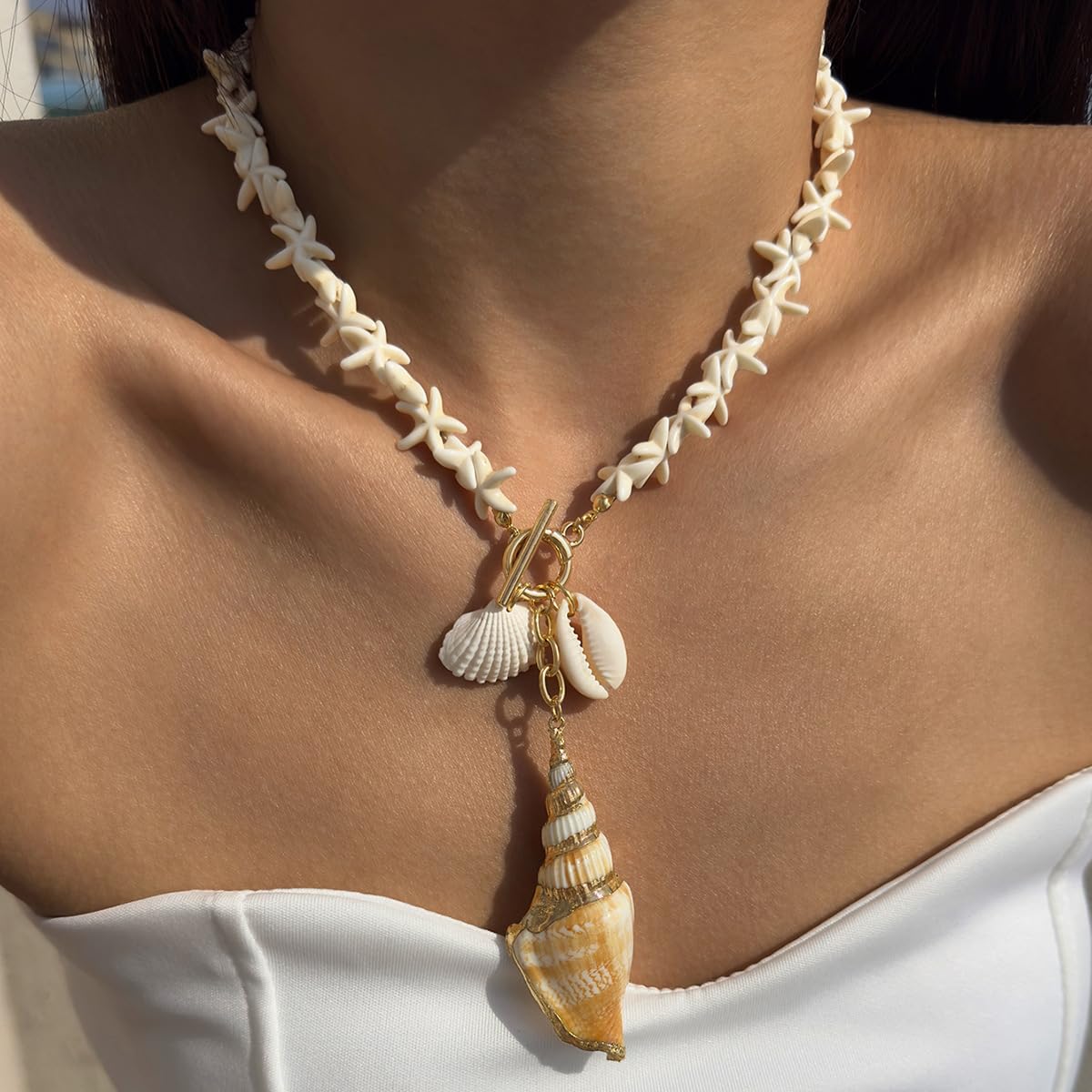 LKingel Gold Starfish Necklaces for Women Beaded Mermaids Starfish Shell Pearl Choker Pendant Necklaces Chunky Beach Necklace Mermaid Charm Necklace Summer Beach Jewelry for Women White2