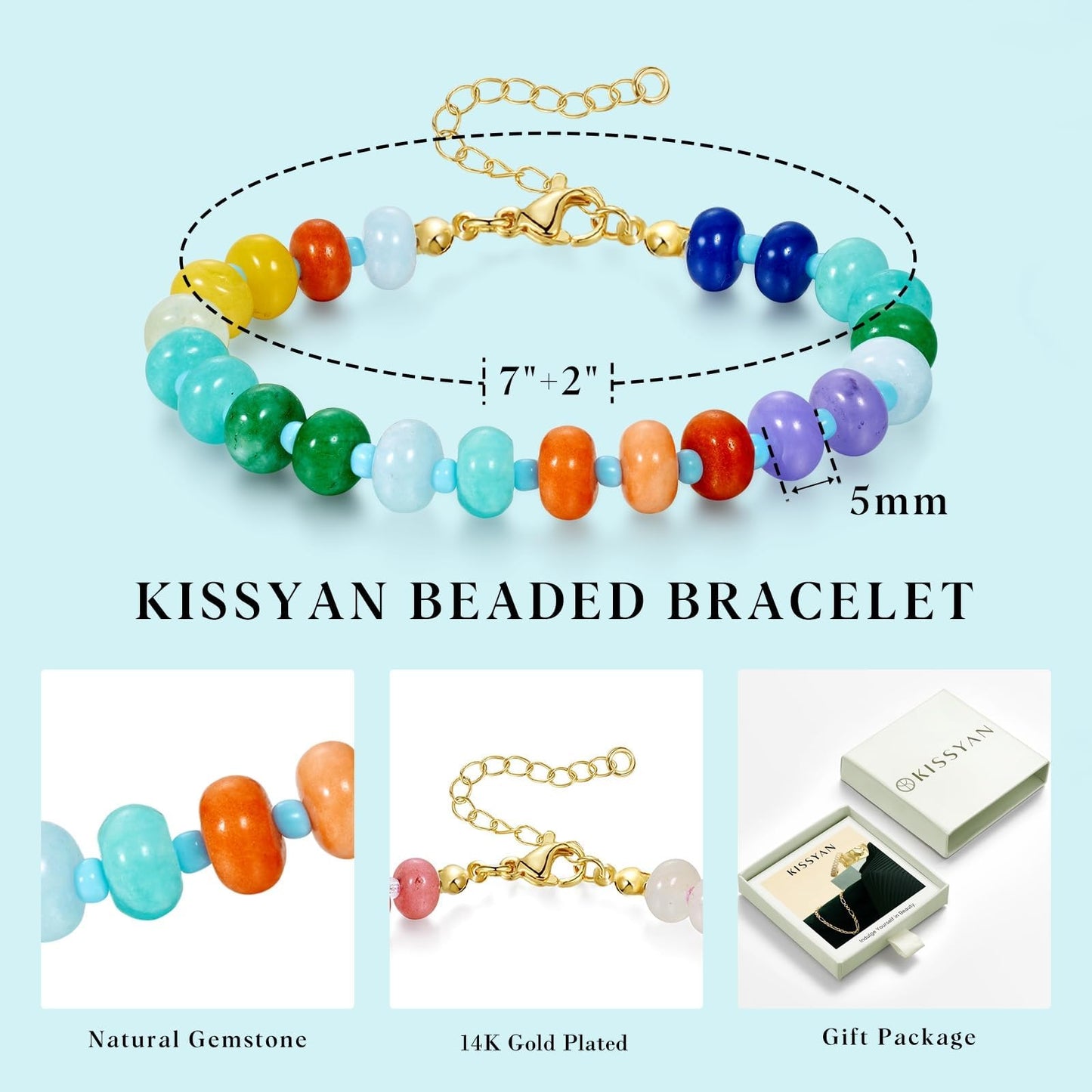 KissYan Beaded Bracelets for Women, Colorful Gemstone Boho Bead Bracelet for Beach, Natural Stone Handmade Summer Jewelry Gifts Style 4