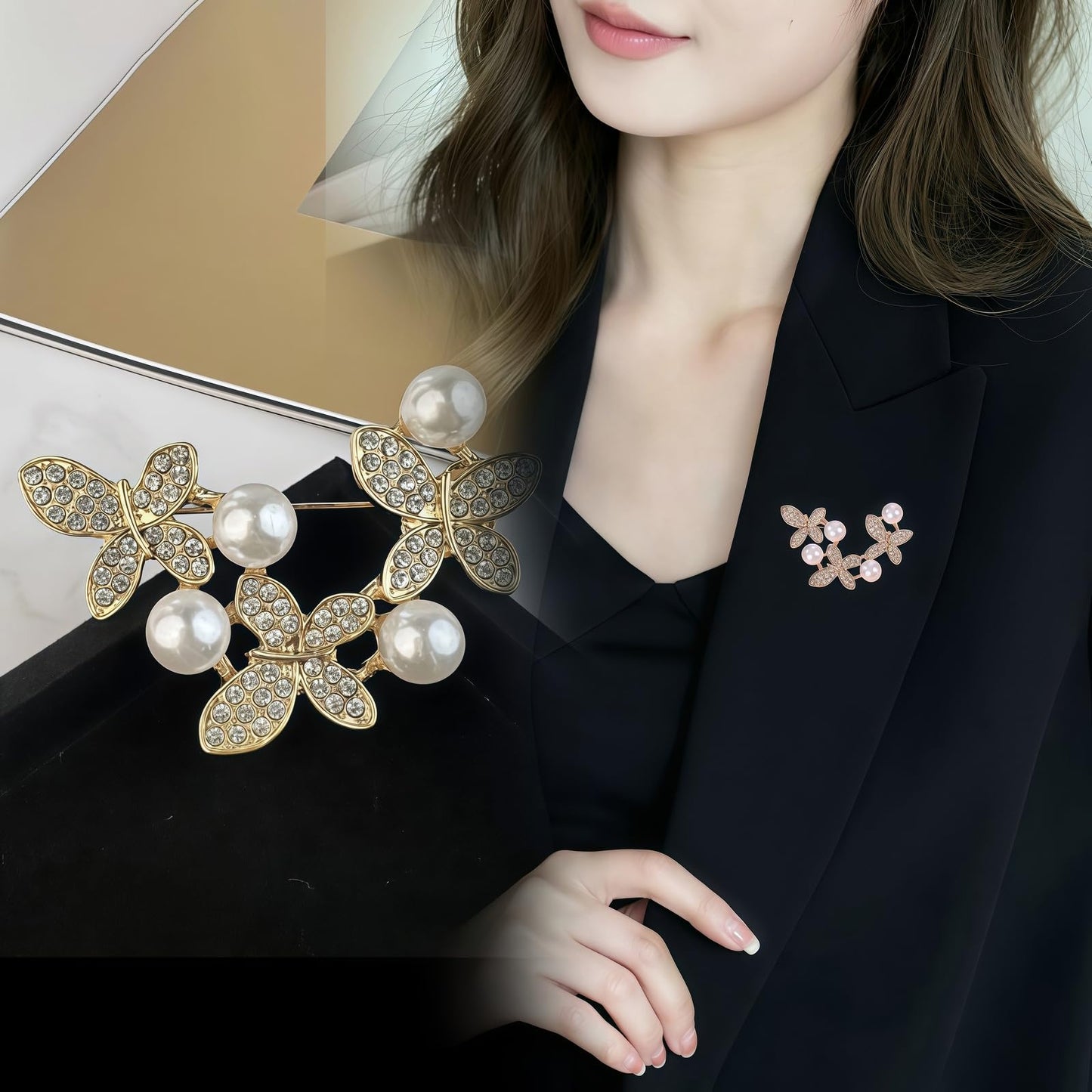 Yaximhozz 2pcs Rhinestone Brooch Pin for Women Dress Elegant Stylish Crystal Brooches Fashion Accessories Pins Lapel Boutonniere Ideas Wedding Christmas Birthday Jewelry Easter Gift (02 Gold Pearl)